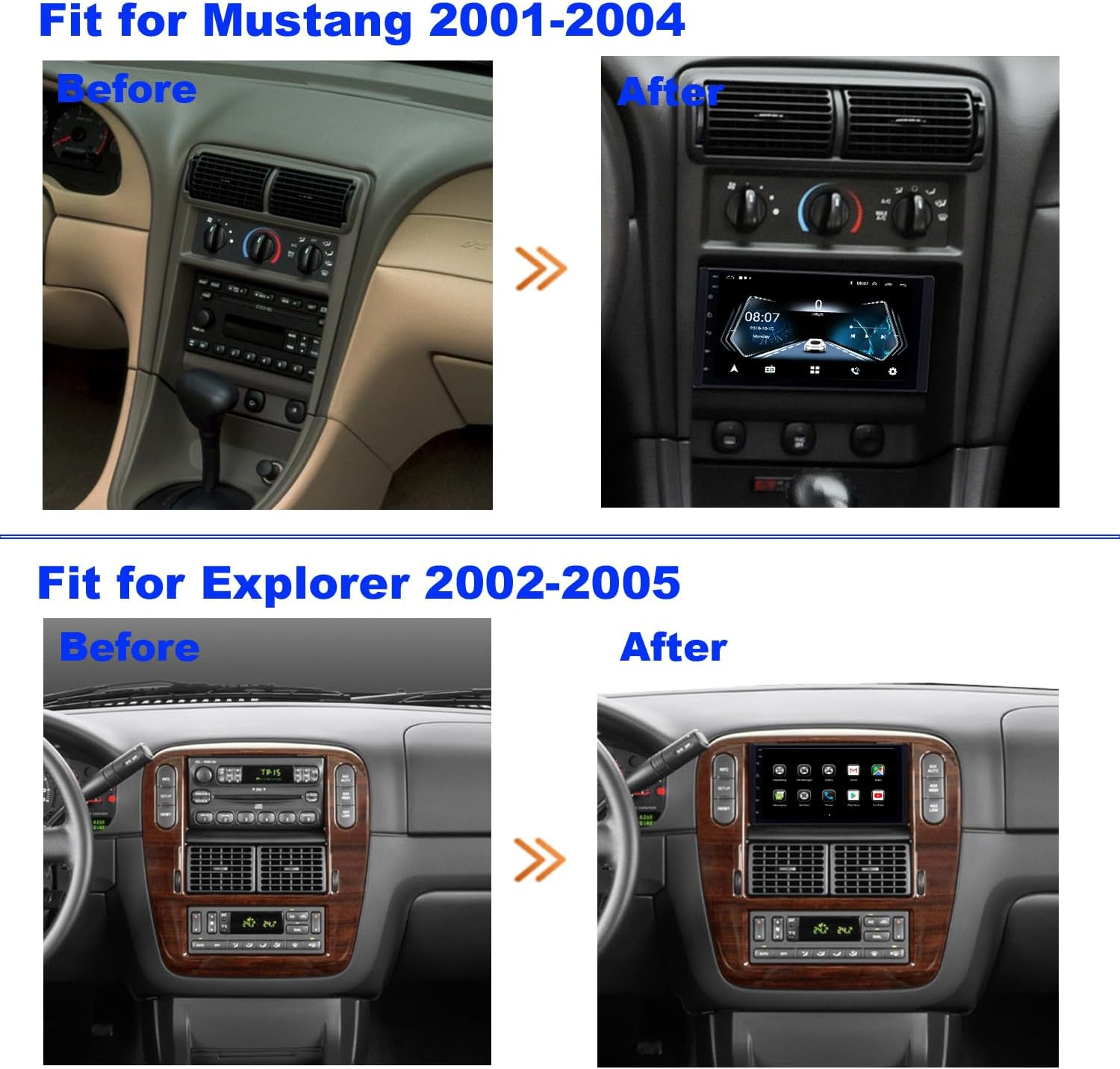 8-Core CPU Radio Upgrade for Ford Mustang 2001-2004,Explorer 2002-2005,Expedition 2003-2006,IPS Touch Screen CarPlay Android Auto Ready,Free Back Camera