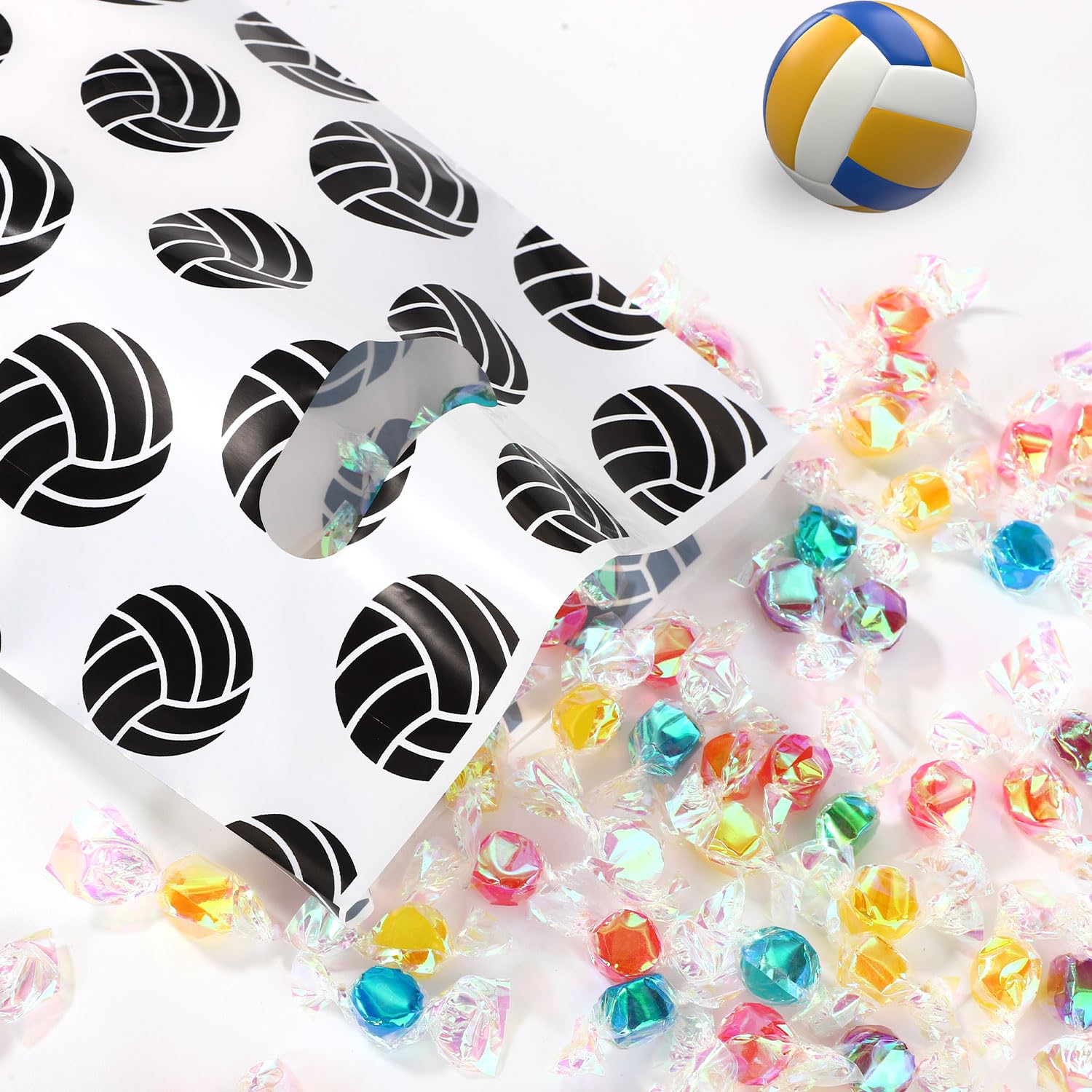 BOXOB 50pcs Volleyball Gift Bags, 10x6.7 Inch Plastic Snacks Candies Bags with Handles Volleyball Themed Party Sports Party Supplies (White)