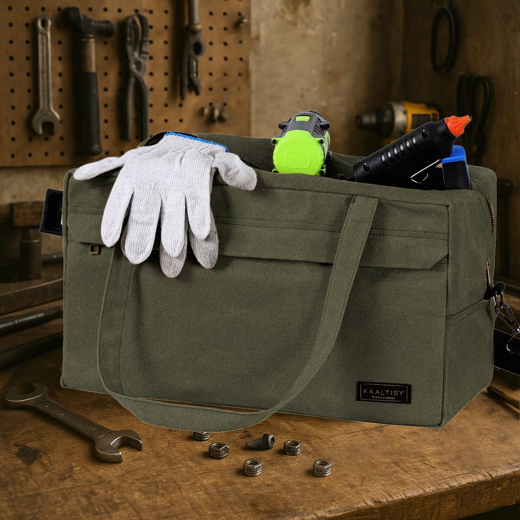 Sac fourre-tout à outils, 473,6 g en toile cirée avec 7 poches et bandoulière – pour électricien, entrepreneur, réparateur, porte-outils de jardin multifonction avec poignée portable, vert kaki