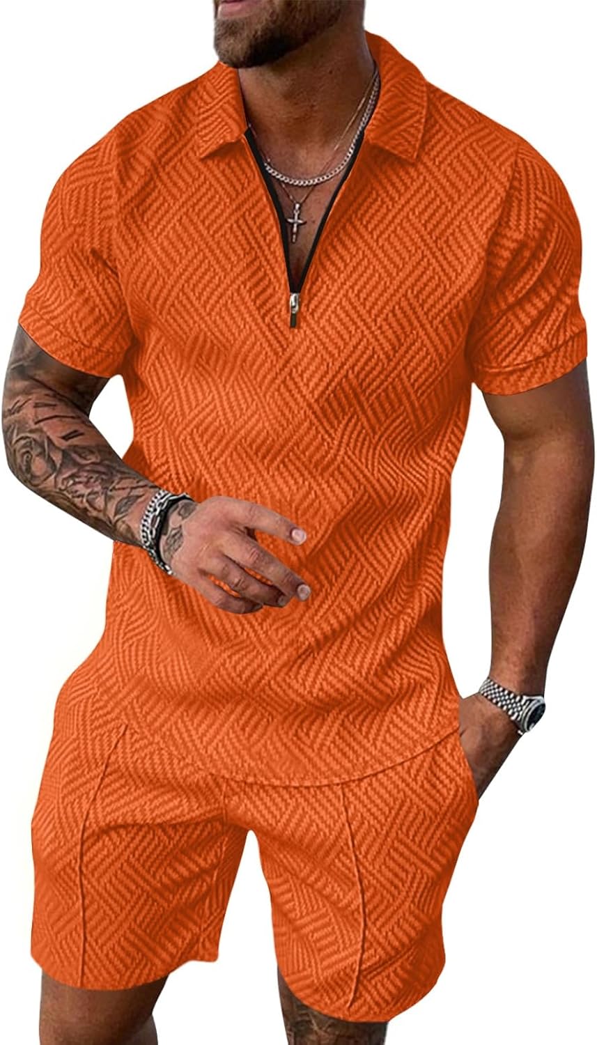 Aulemen Mens 2 Piece Zip Tracksuit Short Sleeve Print Polo Shirt and Shorts Sets Summer Outfits for Men