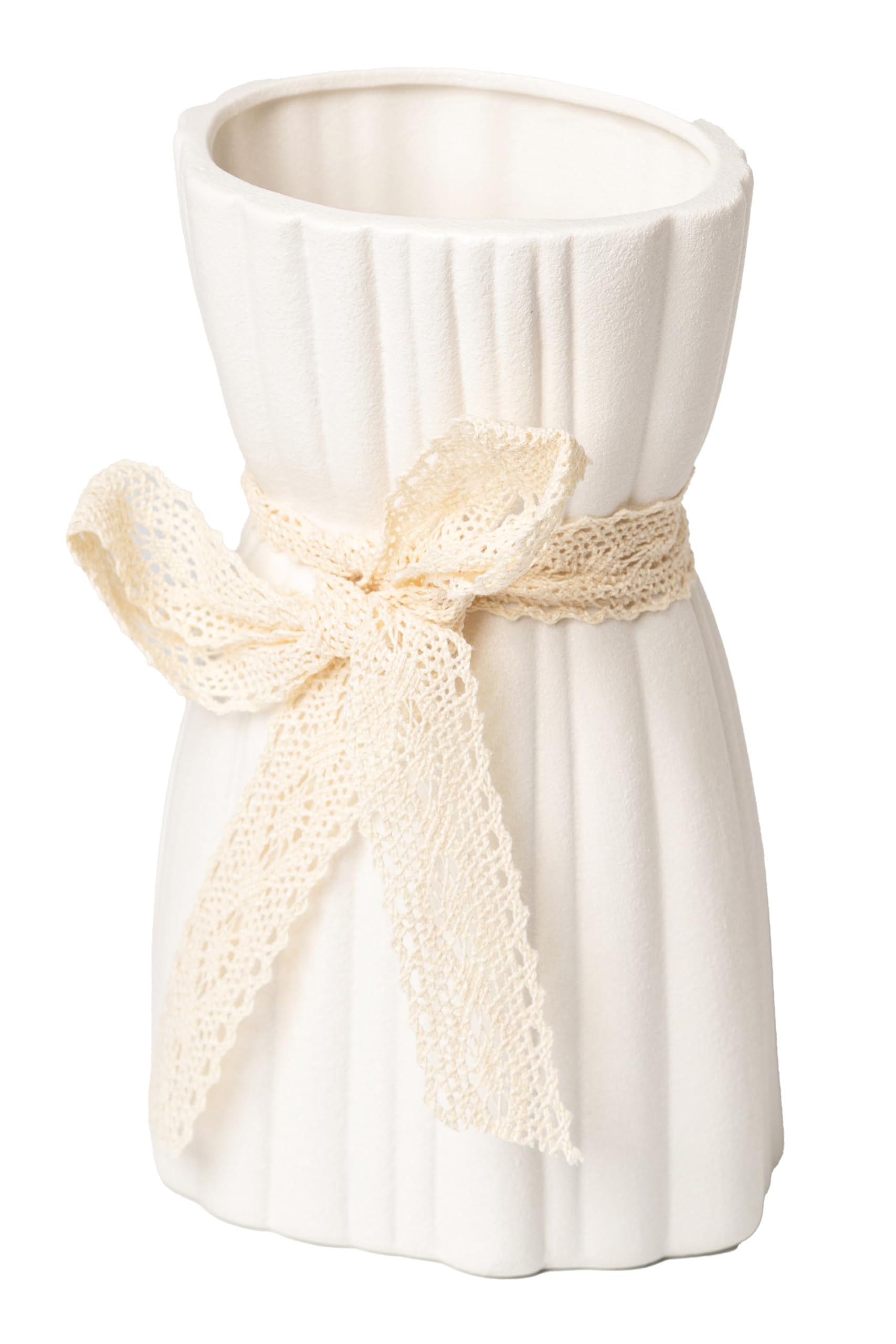 White Ceramic Vase - Small Flower Vase for Shelf, Table, Bookshelf, Fireplace Mantle, Office Decor - Decorative Centerpiece, Petite Farmhouse Style, 7.7"