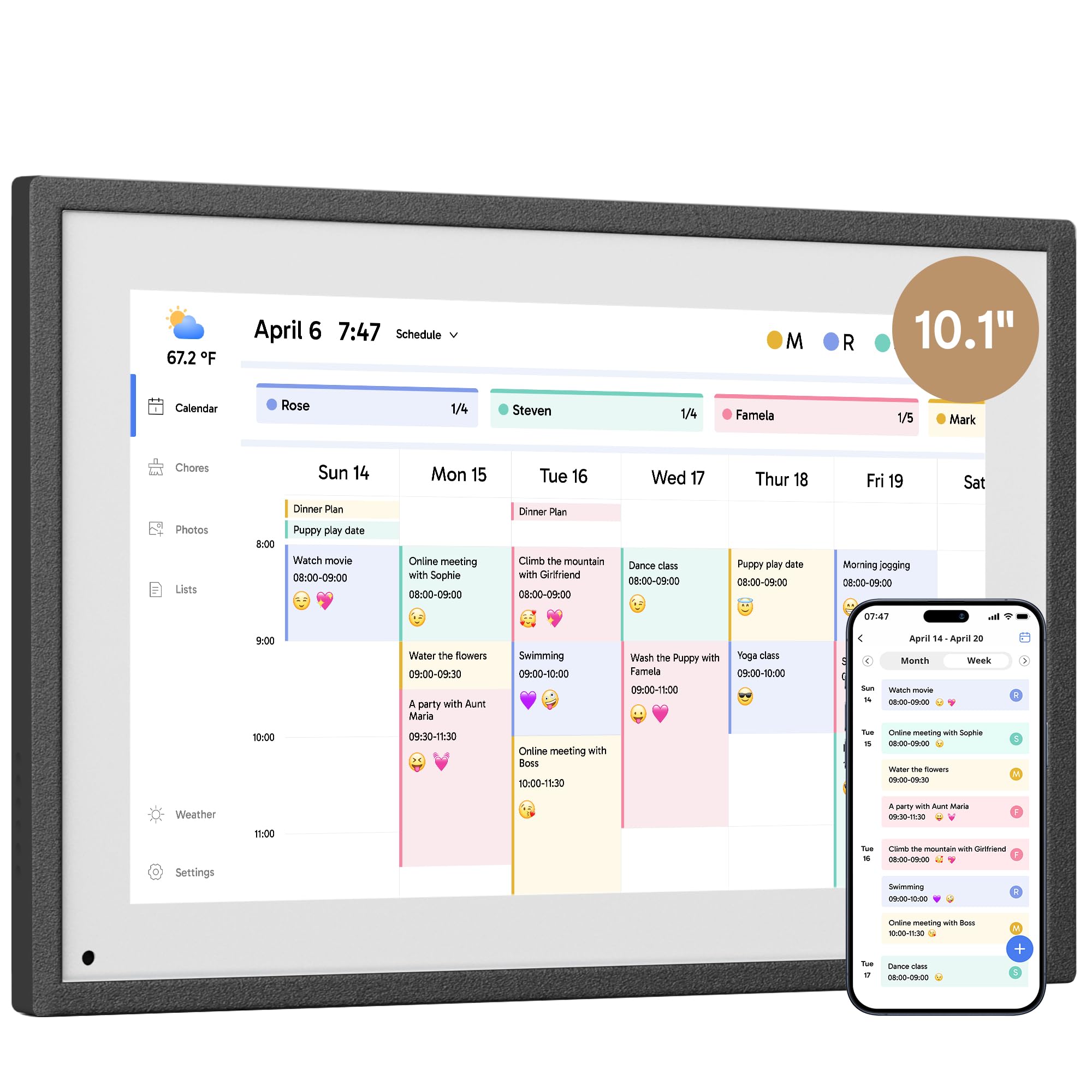 Dragon Touch Calendario, calendario digitale 2025 da 10,1 pollici, agenda da parete per la famiglia, touchscreen interattivo Full HD 1080p, grafico intelligente delle faccende e organizzazione