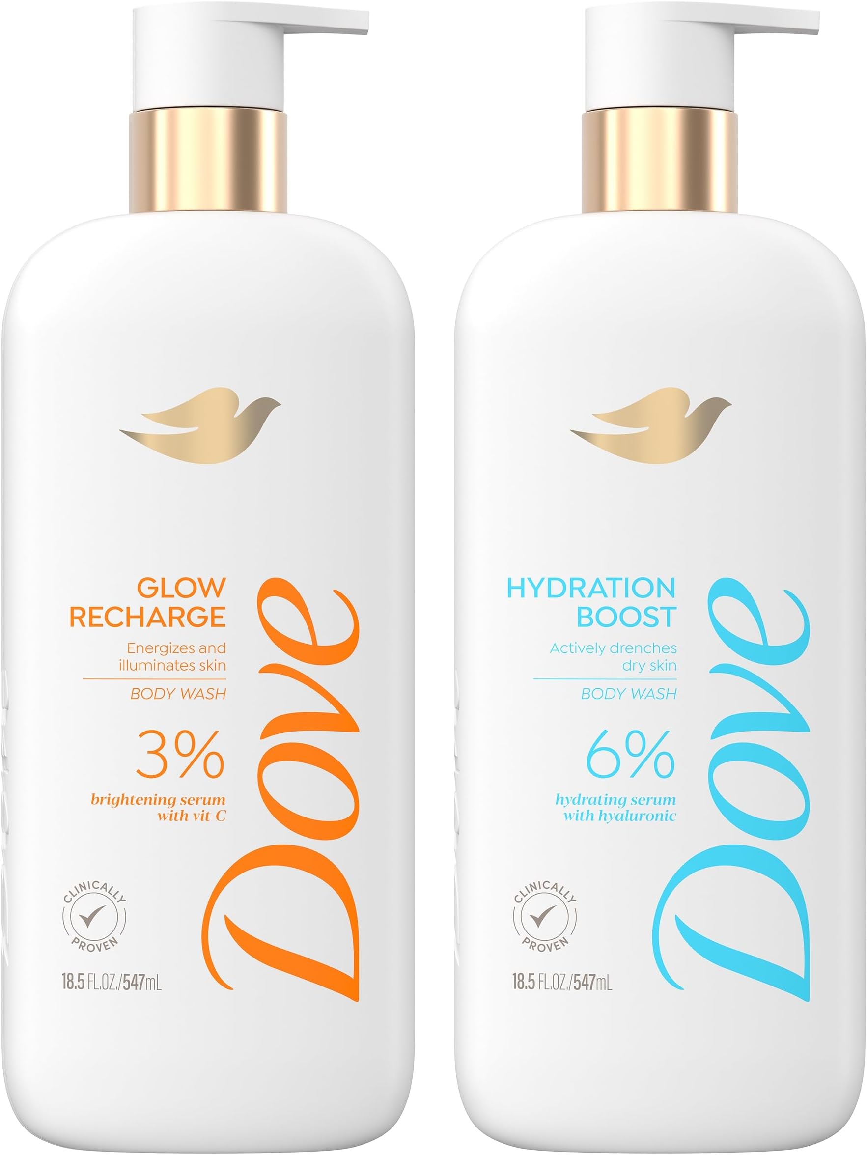 Dove Body Wash Hydration Boost Actively drenches dry skin 6% hydration serum with hyaluronic 18.5 oz & Exfoliating Body Wash Glow Recharge Energizes & illuminates skin 3% brightening serum