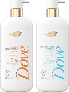 Body Wash Hydration Boost Actively drenches dry skin 6% hydration serum with hyaluronic 18.5 oz & Exfoliating Body Wash Glow Recharge Energizes & illuminates skin 3% brightening serum