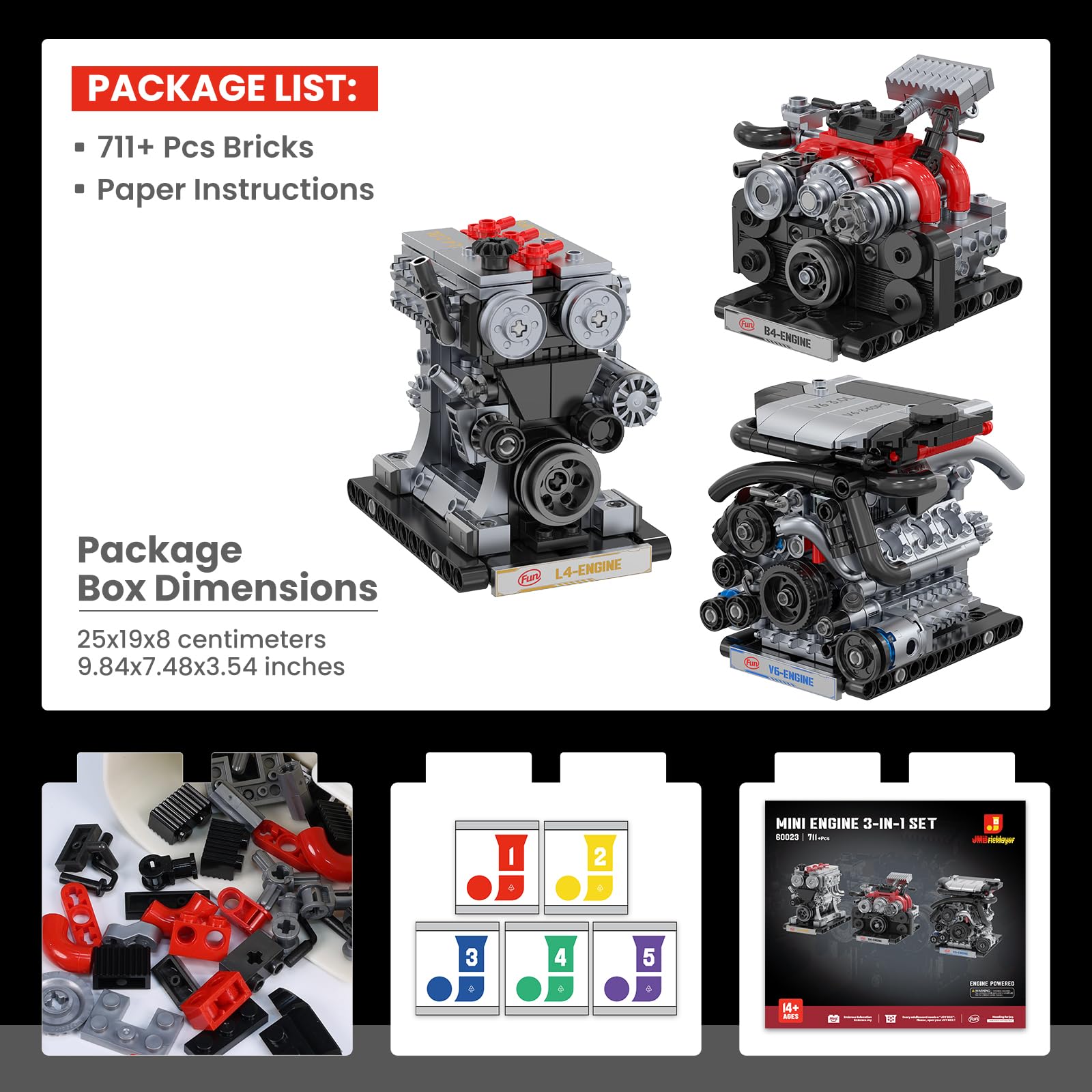 JMBricklayer Blocco da Costruzione Mini Motore 3-in-1 per Adulti da Costruire, Motore Modello V6 B4 L4 che Funziona, Giocattolo Meccanico in Mattoncini STEM, Decorazione per Ufficio e Casa, Regali