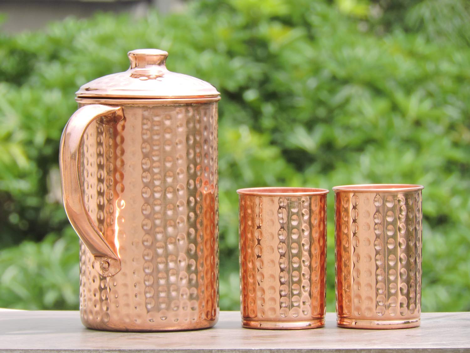 Ancient Impex Pure Copper Hammered Pitcher with Two Copper Mugs for Storing and Drinking Water | Ayurvedic Pure Copper Hammered Jug Capacity 57.48 fl oz. with Matching Lid and Two Matching Cups