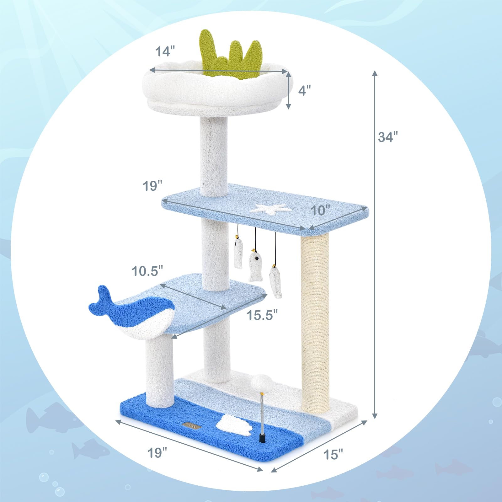 PETSITE Ocean-Themed Cat Tree for Indoor Cats, Multi-Level Cat Tower with Natural Sisal Scratching Posts, Hanging Toys and Padded Top Perch, Modern Cat Tree for Large Cats 20 lbs Heavy Duty (34
