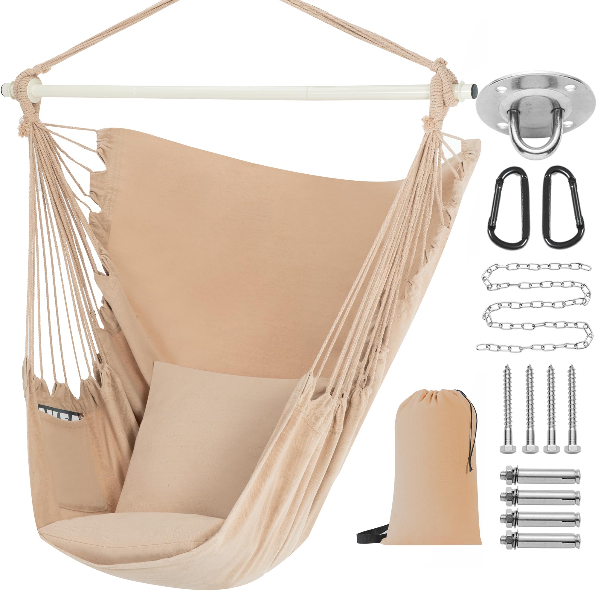 PNAEUT Hanging Hammock Chair, Bedroom Swing Chair, Max 500 Lbs, Indoor Outdoor, 2 Cushions Included, Large Size with Pocket, Cotton for Superior Comfort, Steel Spreader, Hardware Kits, Bag (Khaki)