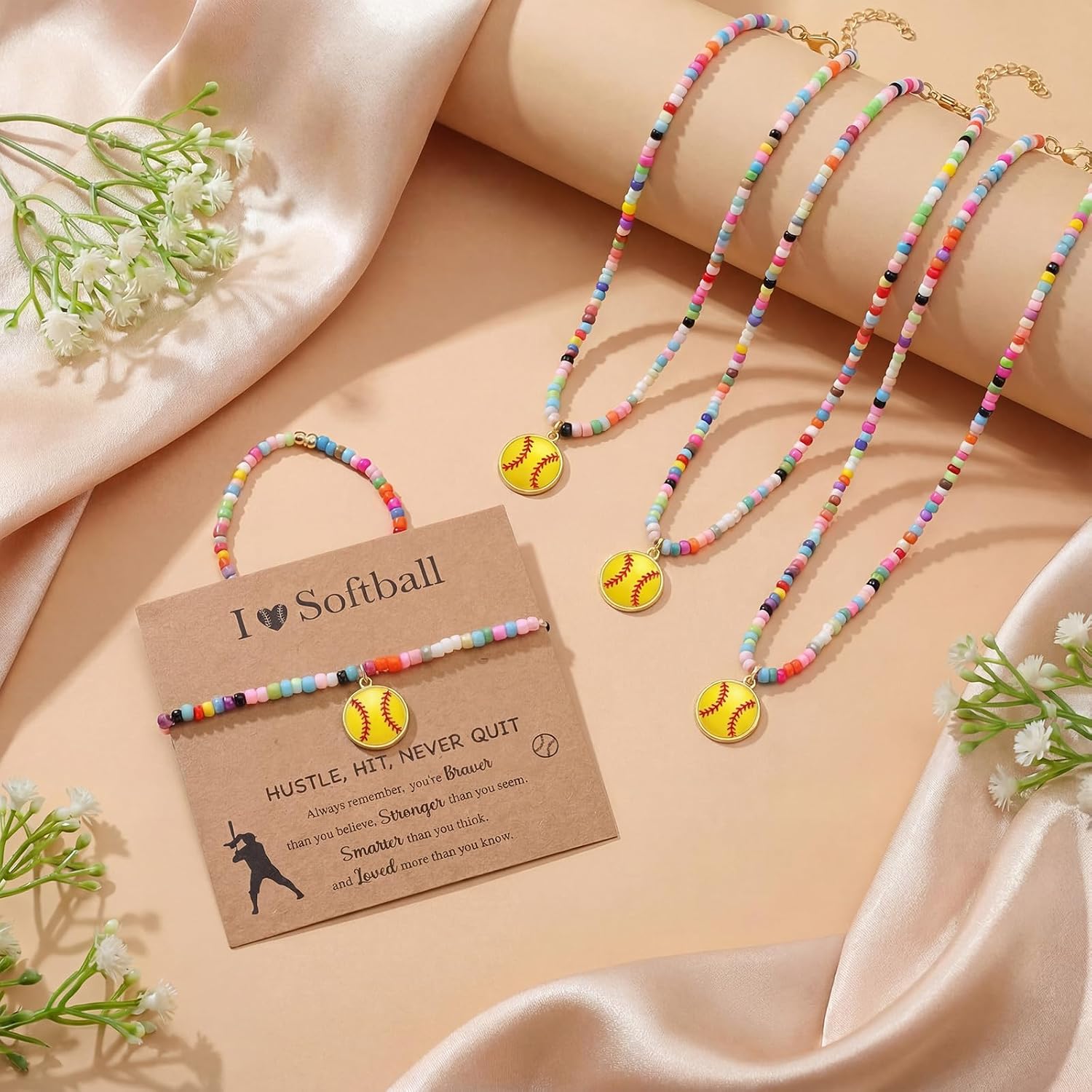 Quelay 12 Pcs Softball/Soccer/Football Colorful Beaded Sports Necklaces Adjustable Sports Team Gifts Necklaces with Inspirational Cards for Women Party Favors Team Gifts