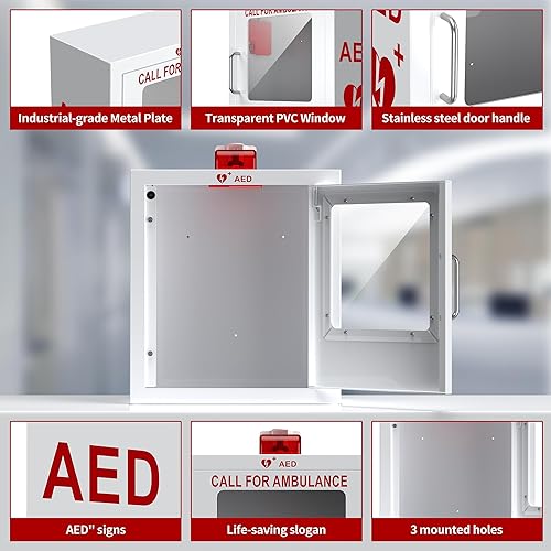 Miniatura 5 de AED Gabinete de pared AED gabinete con sistema de alarma de acero de grado industrial, placa de metal de PVC transparente para todas las marcas de