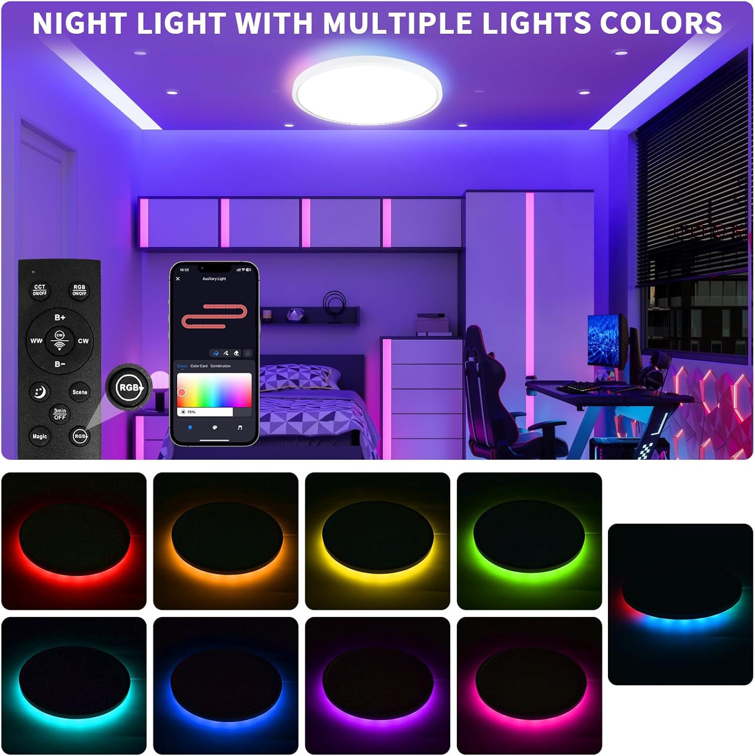 12 Inch Flush Mount Ceiling Light Fixtures with Remote Control & Night Lights, 2700K-6500K Dimmable LED Modern Ceiling Lamp, Works with Alexa & Assistant for Kitchen Bedroom Living Room Dining Room