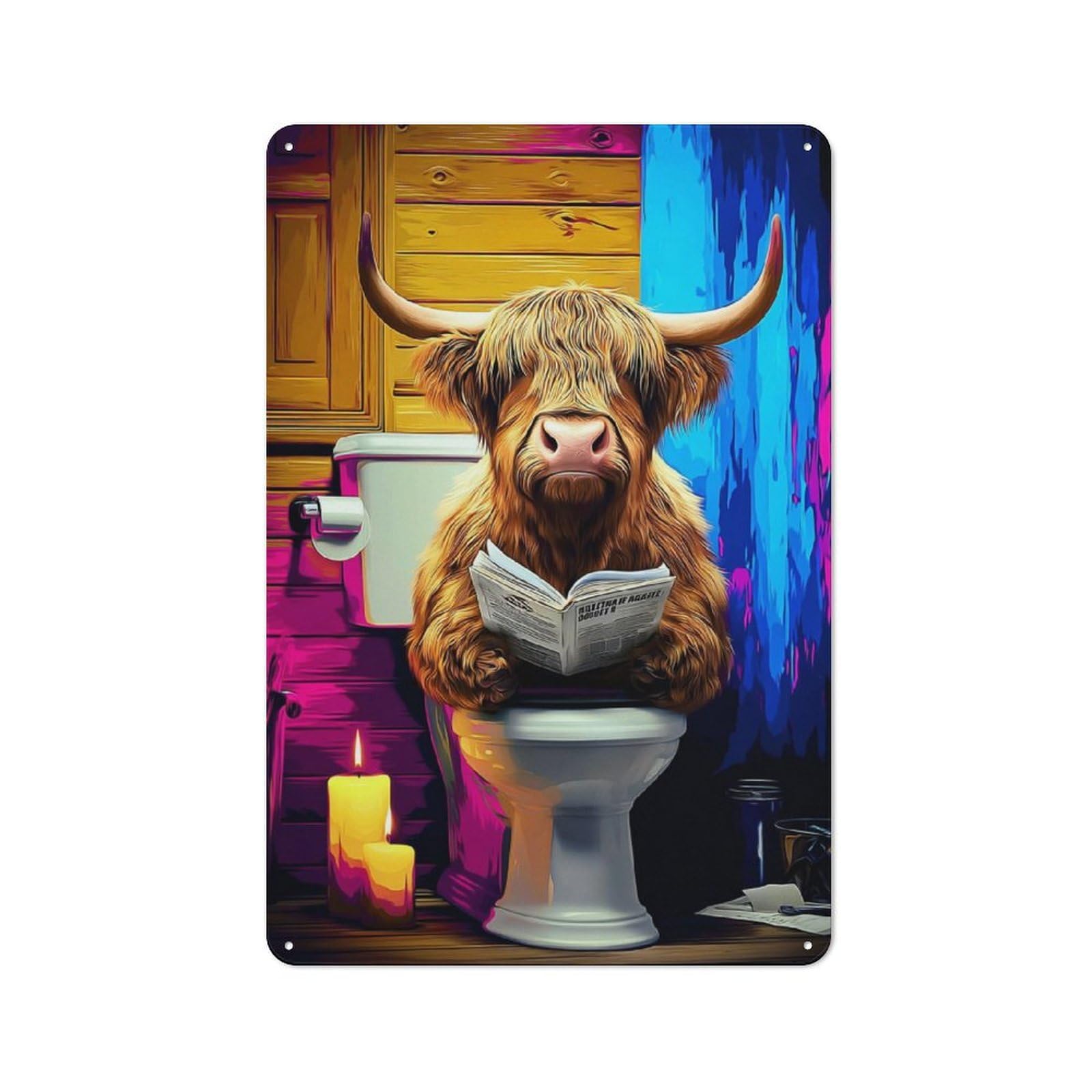 Junmoney Highland Cow Reading Newspaper Metal Sign 30X20cm, Retro Bar Wall Plaque For Bar, Kitchen, Garage Or Games Room, For Casual British Interiors