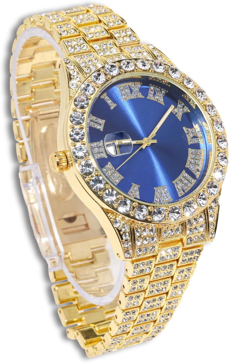 Diamond Watch for Men - 40 mm Roman Numerals Round Dial in 3 Colours - 18K Real Gold/Platinum Plated 22 cm Strap - Japanese Quartz Movement - Luxury Jewellery - Can be Combined with Cuban