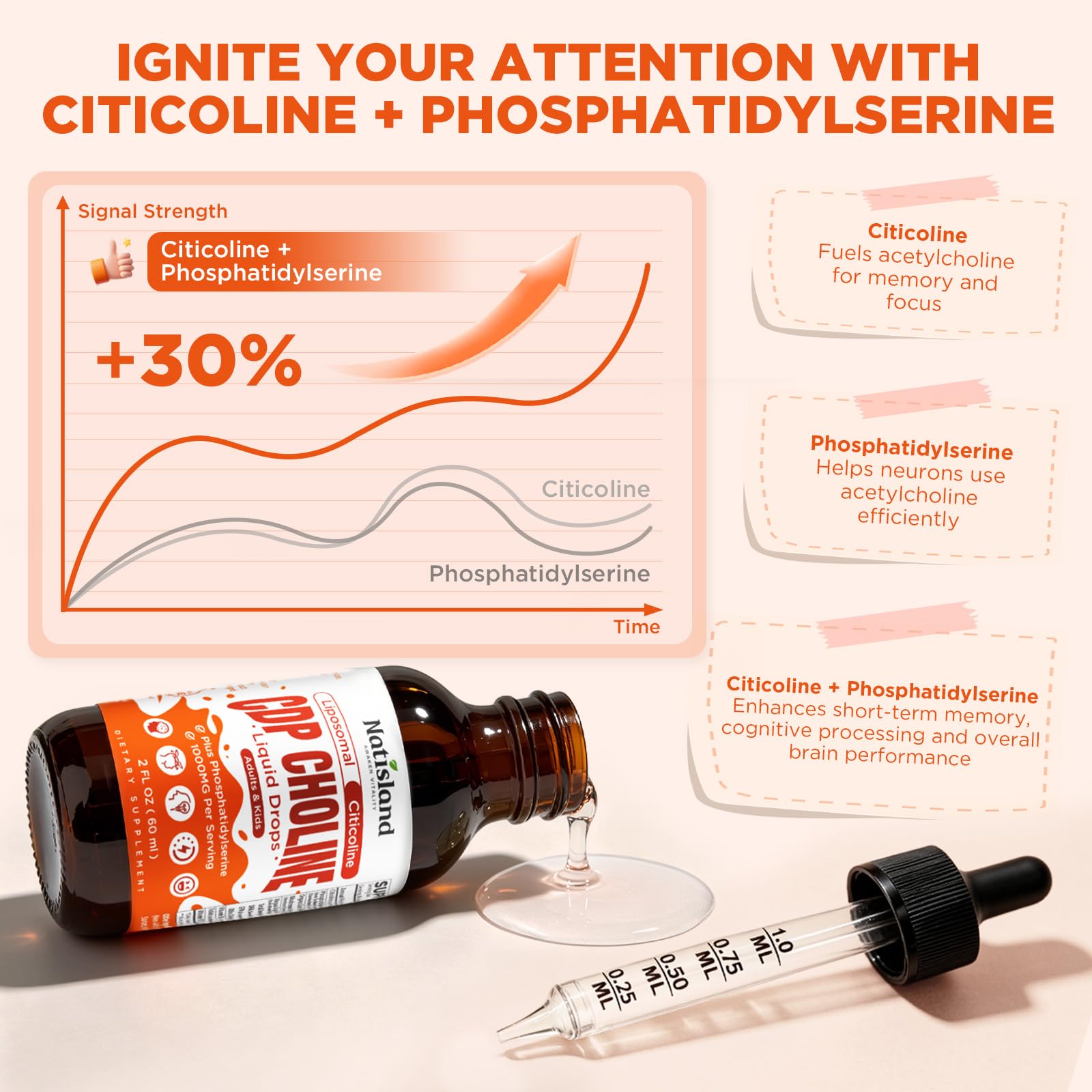 Citicoline 1000mg + Phosphatidylserine 300mg Supplements, CDP Choline for Kids & Adults, Citicoline Liquid Drops for Brain, Memory & Focus Support, Lion's Mane Mushroom, Omega-3, Methylfolate, 2 FL OZ — Amazon image 4