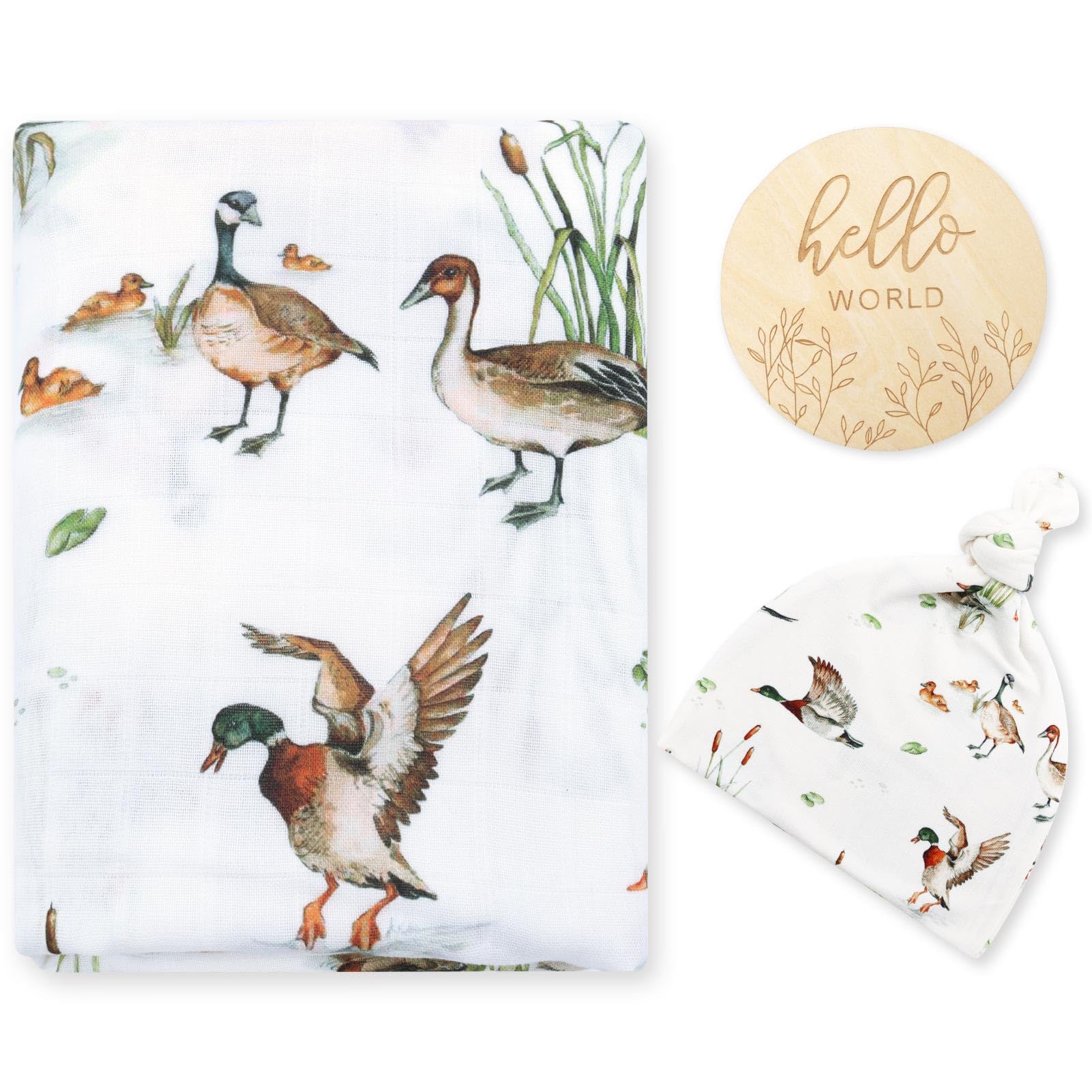 LifeTree Muslin Swaddle Blankets, Muslin Baby Boy Swaddle Blanket and Hat Set with Birth Announcement Card, Newborn Unisex Receiving Blankets Mallard