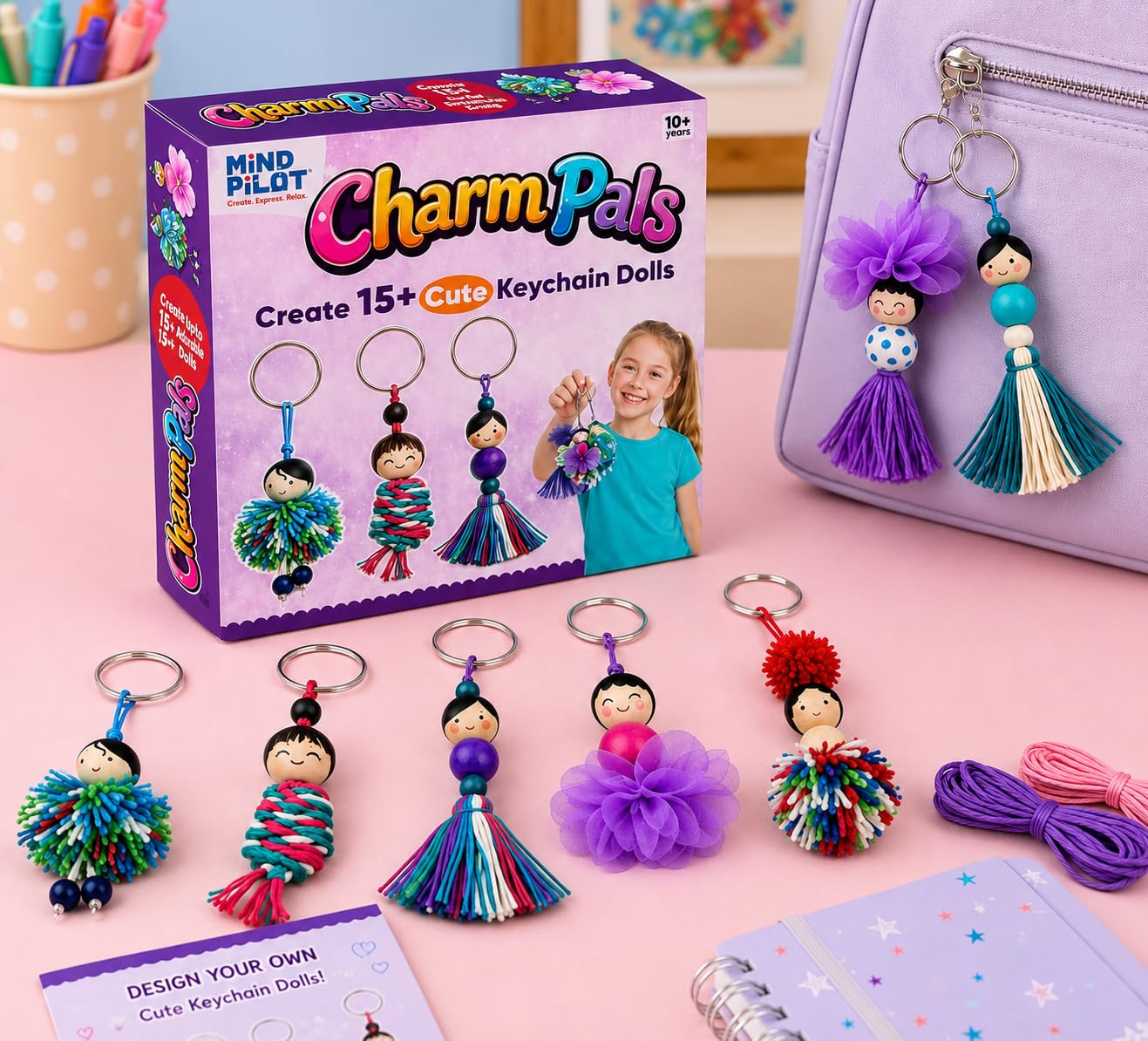 Mind Pilot Keychain Doll Making Kit for Girls | DIY Craft Kit — Make 15+ Cute Keychain Dolls | Pom Pom Tassel Charm Kit | Birthday Gift for Girls Age 9 10 11 12 | 100+ Pieces Complete Set