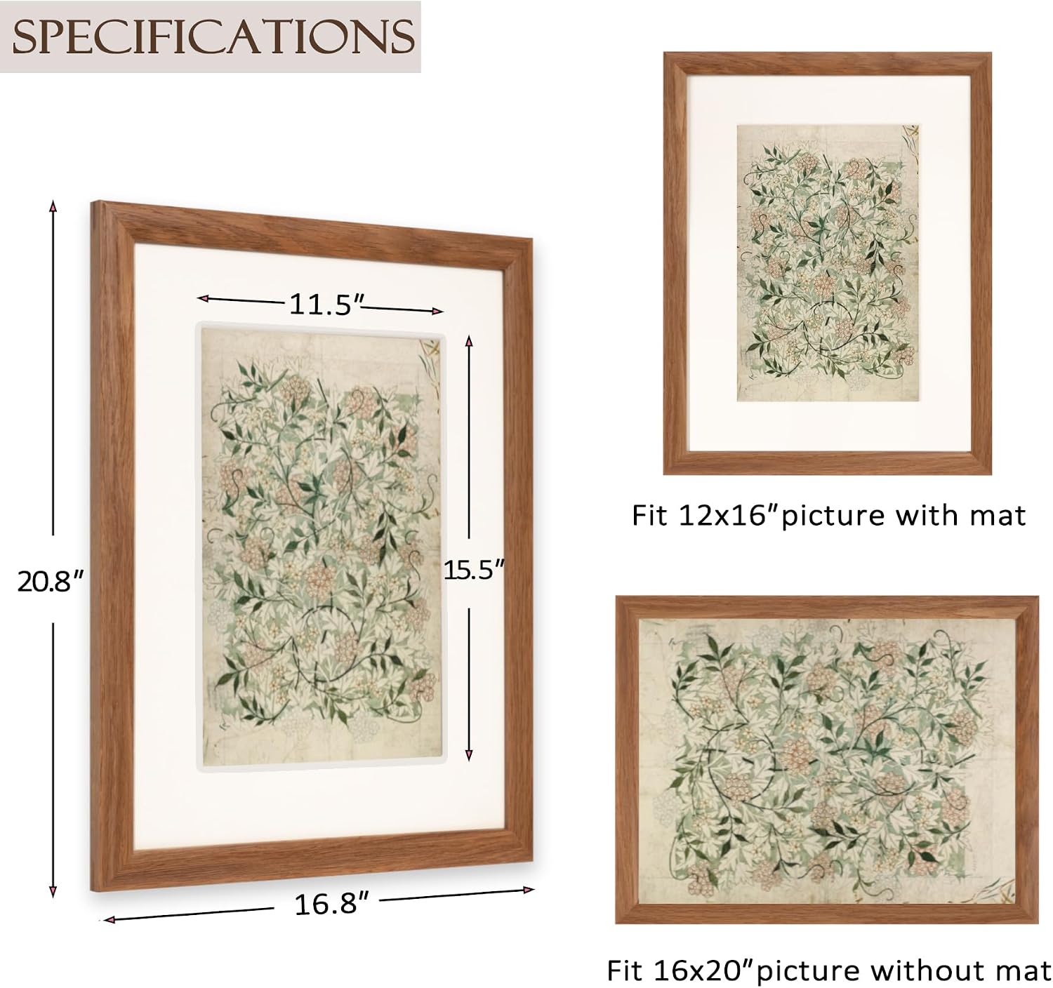 16x20 Picture Frame, Classic Natural Oak Wood Picture Frame, 16x20 Frame Matted to 12x16, Solid Wooden Poster Frames for Vertical & Horizontal Wall Hanging, Natural Oak Color