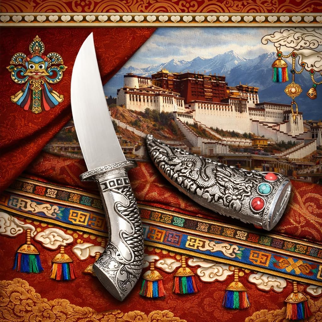 Runonshi Fixed Blade Knife Chinese Tibetan Knife Dragon Tanto EDC Knives With Metal Sheath For Collecting and Display Gifts for Men