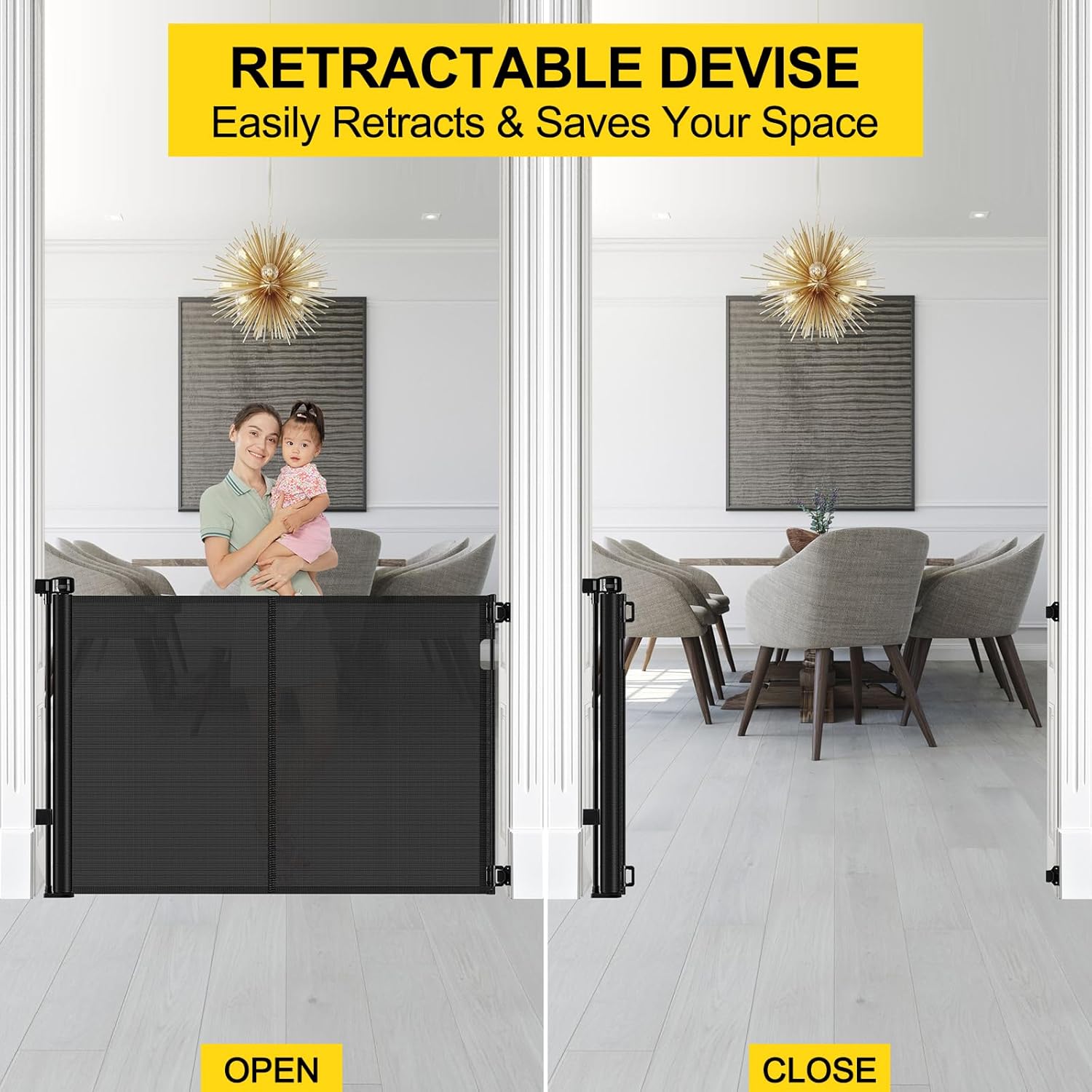 Reinforced 42” Extra Tall Retractable Baby Gates with Rods, Extends up to 60” Wide, Tall Retractable Dog Gate for Doorways Prevent Crawling Through Mesh Pet Gate Indoor Outdoor, Black