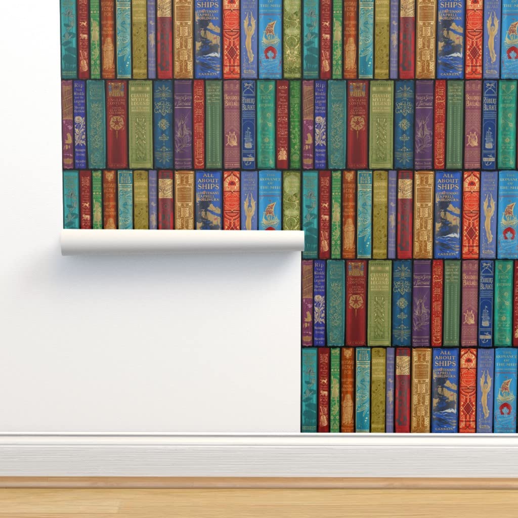 Removable Wallpaper Swatch - Library Bright Books Shelves Antique Vintage English Rainbow Custom Pre-Pasted Wallpaper by Spoonflower
