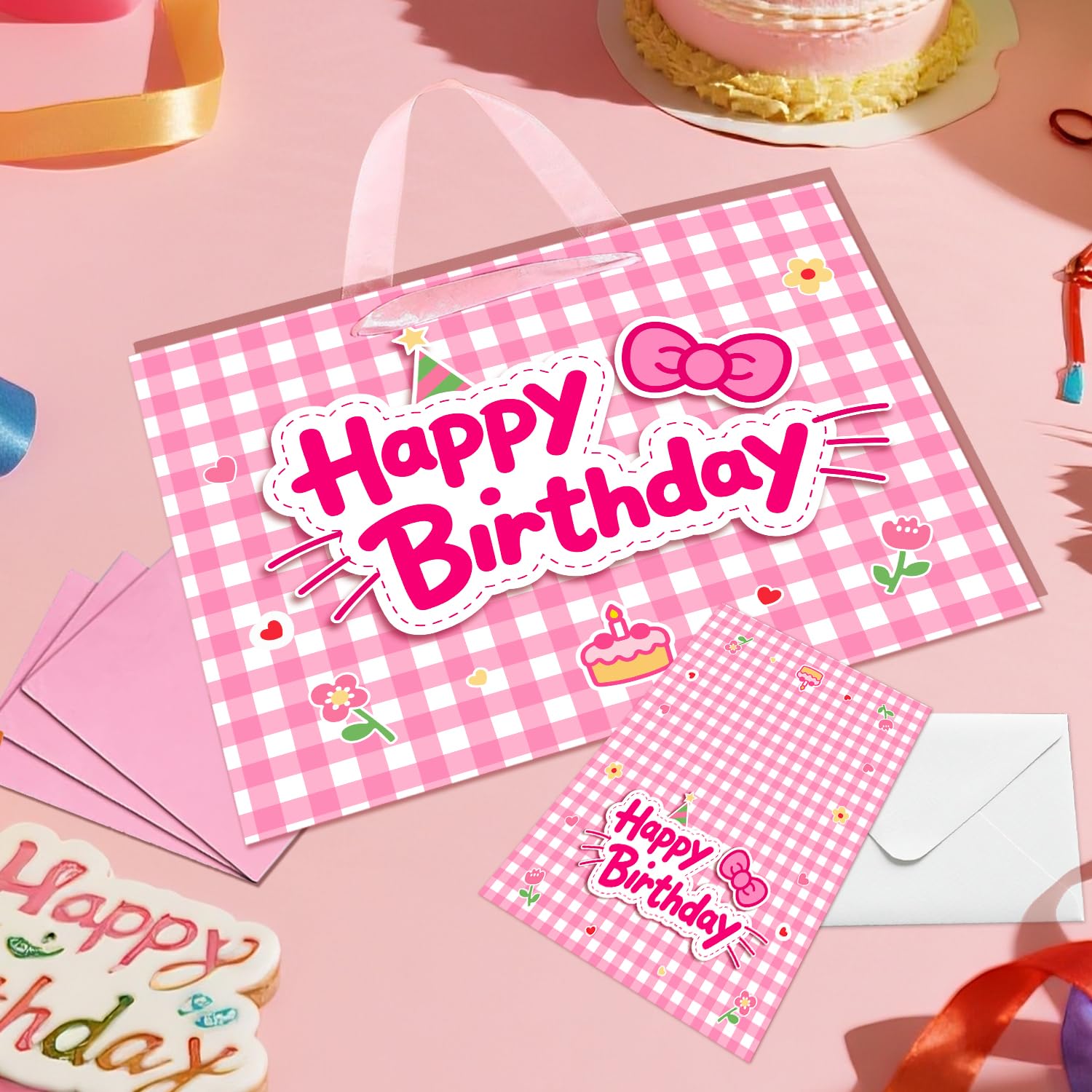 TQQBUU 12" Pink Birthday Gift Bags for Girls, with Cute Greeting Card and Tissue Paper for Party, Cat Party Favor Bag Cartoon Bag for Kids Baby Shower Party Favors Supplies, 11.8"×9.4"×5.3" - 1Pcs