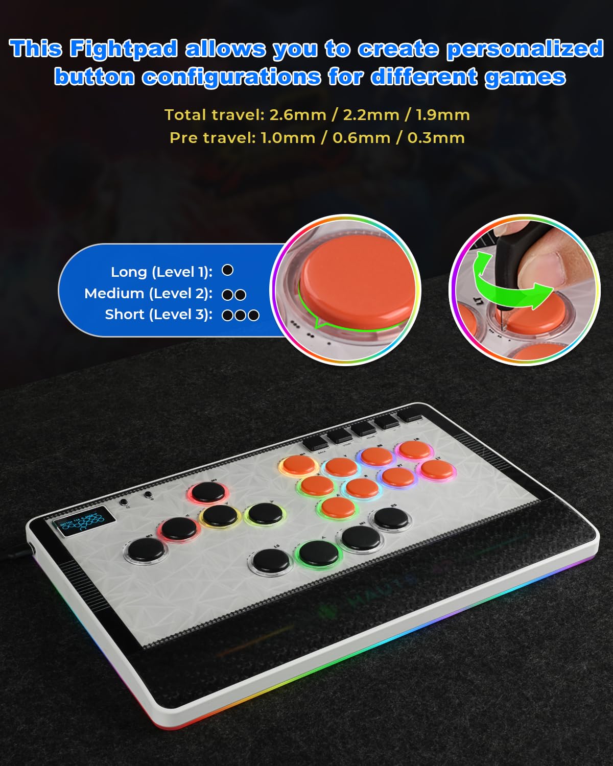 Haute42 - Mando sin palanca para juegos de arcade Haute42 C-AT blanco sin palanca, para PC/PS3/PS4/Switch Game, controlador de arcade con cierre de seguridad de cable y soporte TURBO Hot Swap y SOCD