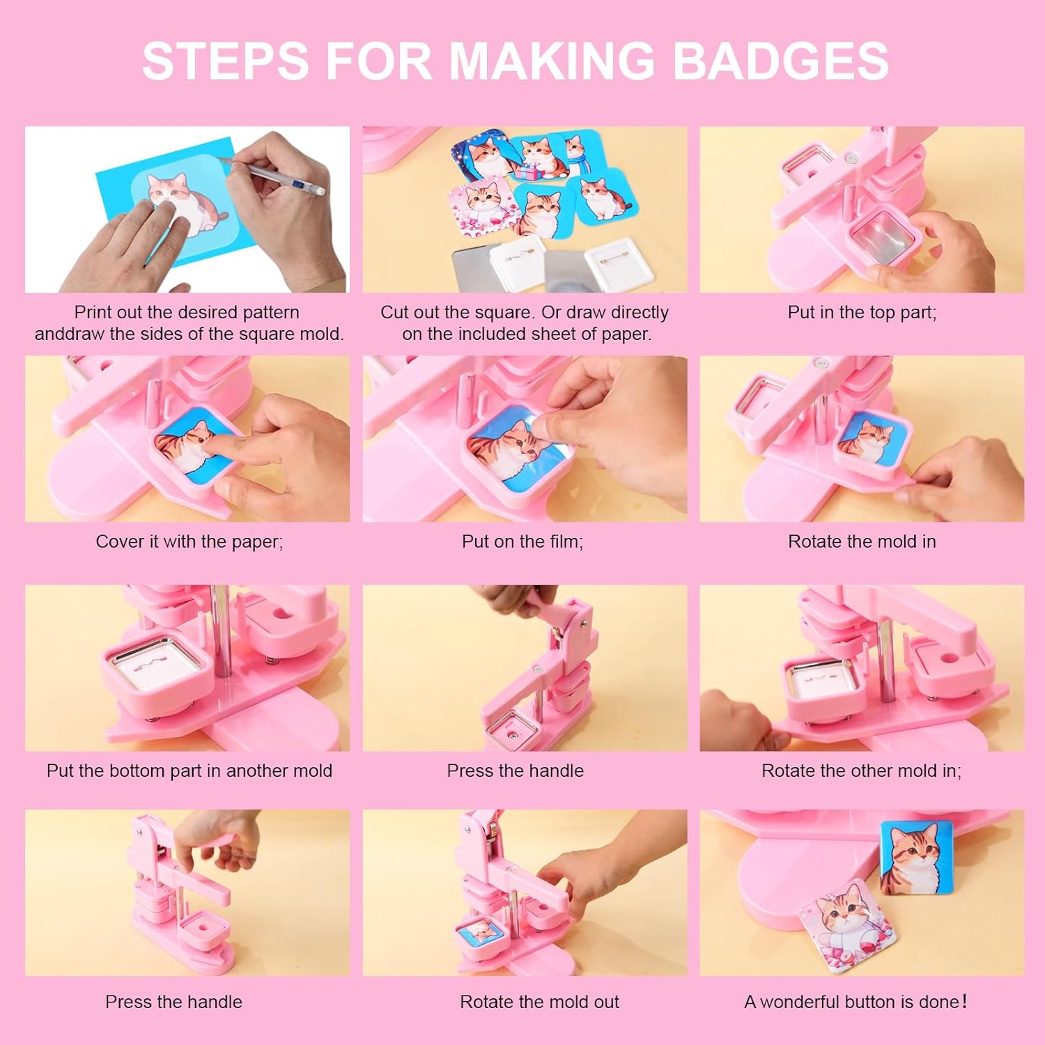 MECOLOUR Square Button Maker Machine with 50 Sets of Button Supplies&50 Sets of Fridge Magnet Maker Supplies,2*2 inch(50*50mm) Pin Maker Machine for DIY Personalized Buttons Children DIY Gift(Pink)