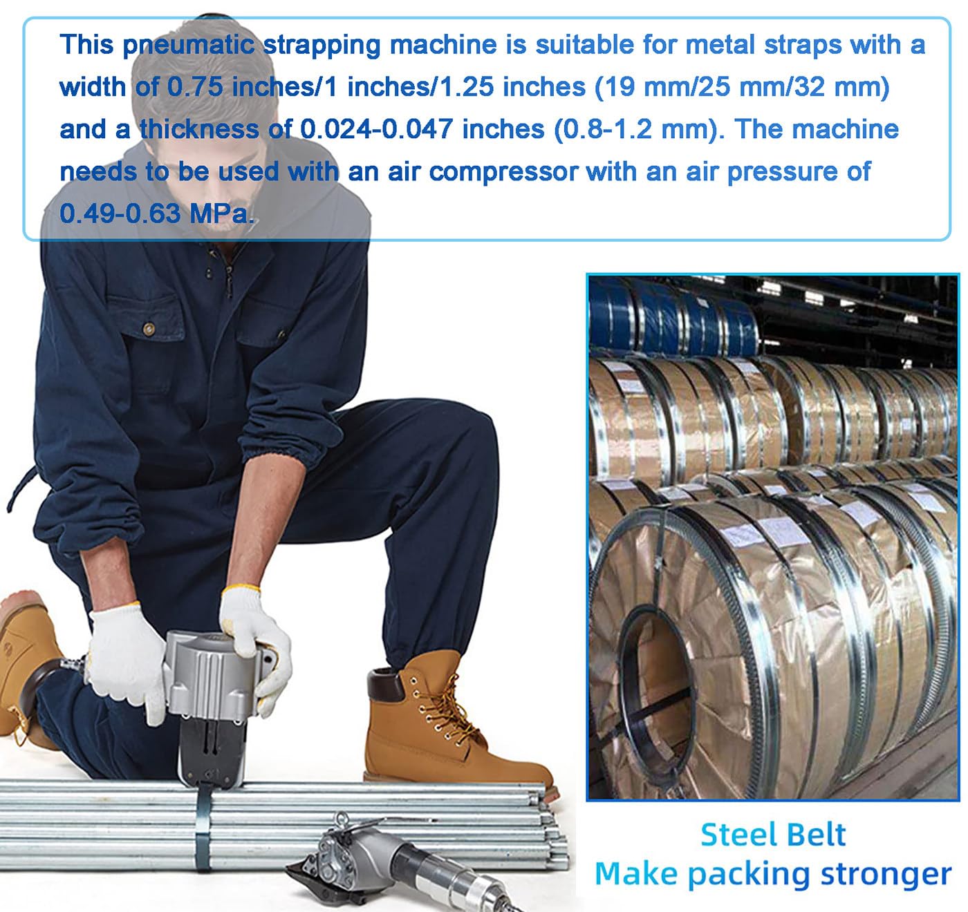 Pneumatische Umreifungsmaschine mit Spanner und Cutter für Metallbänder, starkes Kraftbündelwerkzeug für Industrieverpackungen