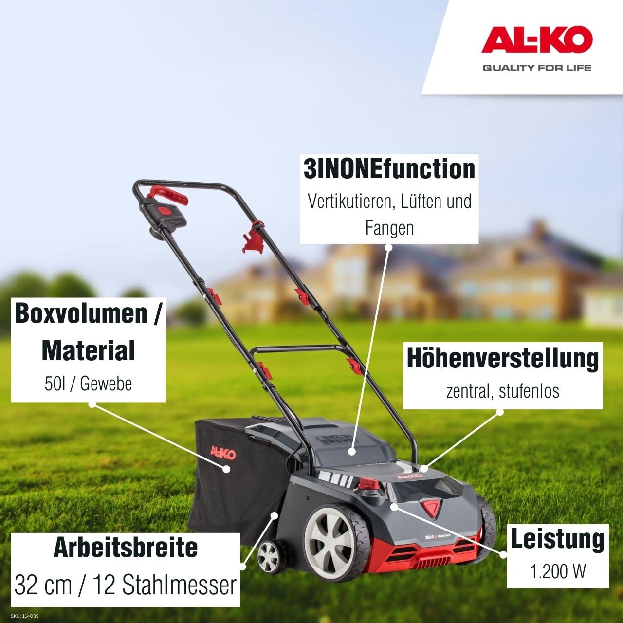 AL-KO Escarificador eléctrico Basic Care 32.4 E, Potencia del Motor 1200 W, Ancho de Trabajo de 32 cm, Adecuado para encimeras de hasta 400 m²