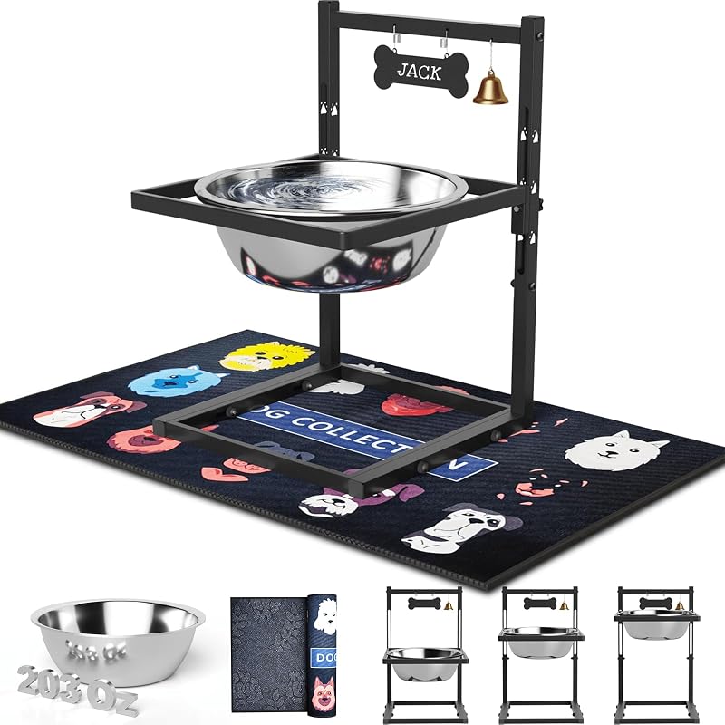 Comedouro Elevado para Cães com Tigela de Aço Inoxidável, Altura Ajustável e Tapete Antirrespingos ADENGL DAC006-A – 6 L