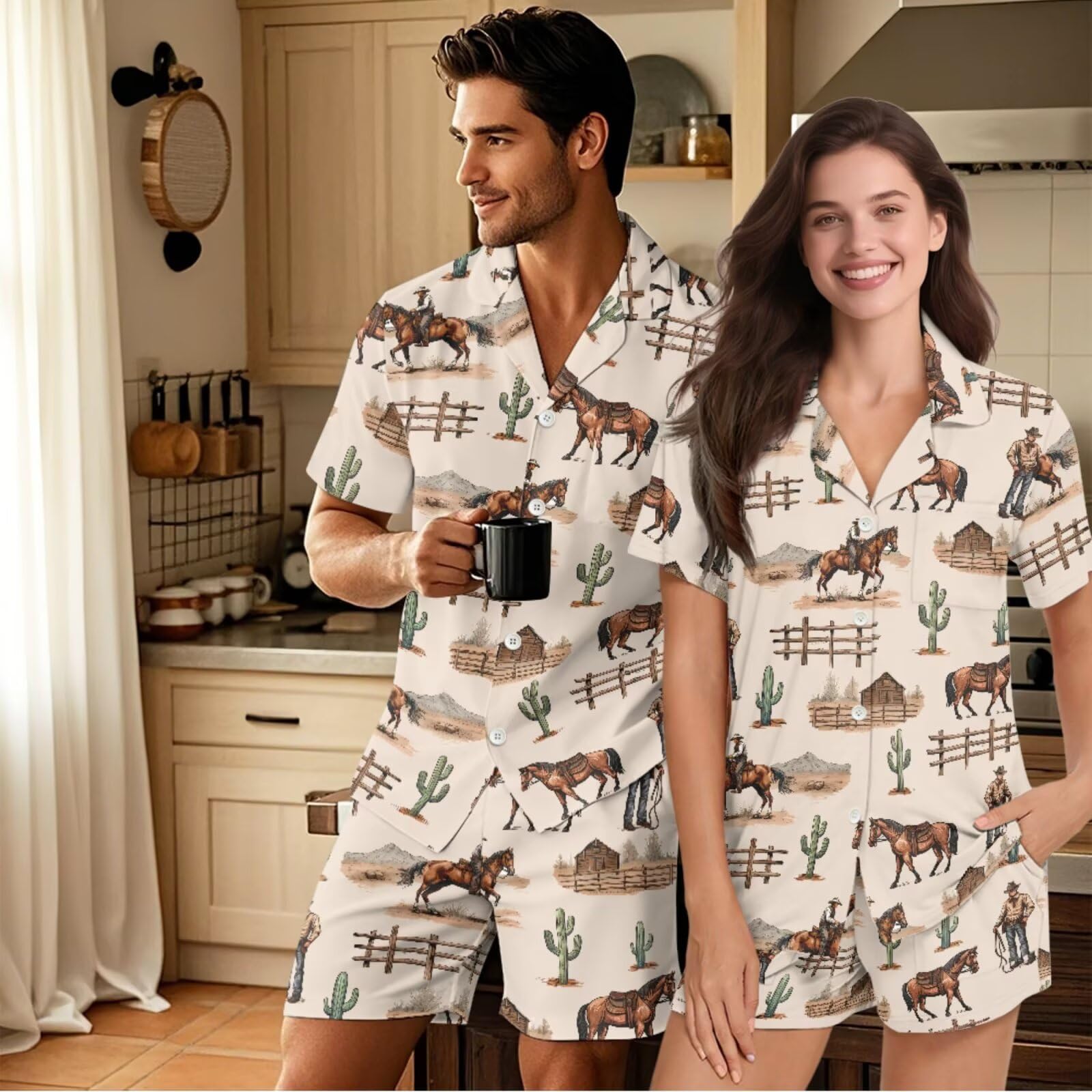 Conjunto de pijamas a juego para parejas, ropa de dormir de manga corta para mujeres y hombres, pijamas a juego con botones