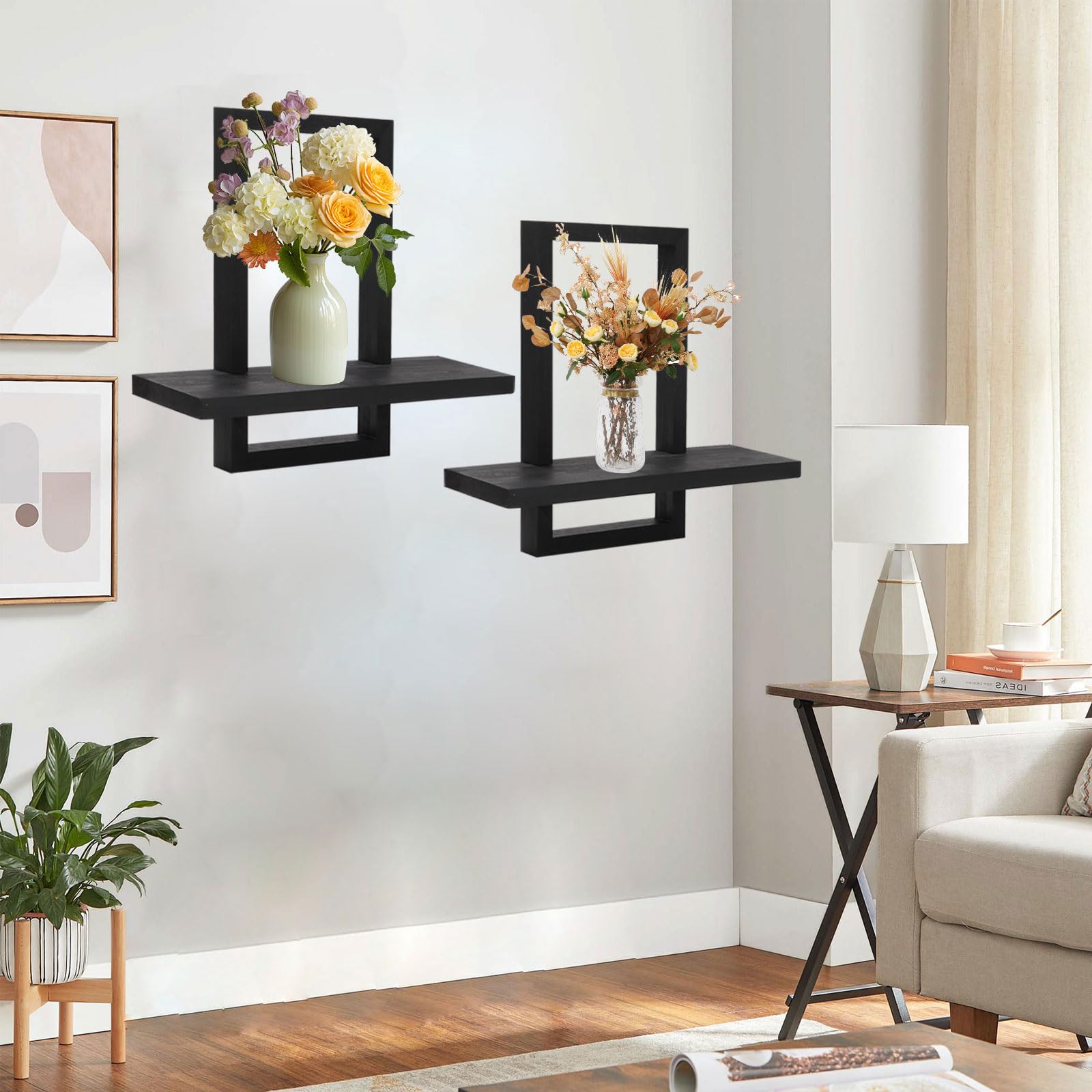 Juego de 2 Estanteria de Pared, Baldas Flotantes Pared, Estantes Flotantes de Madera para Decoración, Estantes Decorativos para Baño, Dormitorio, Oficina, Salón, Cocina, 40x40x12cm, 40x36x12cm, Negra