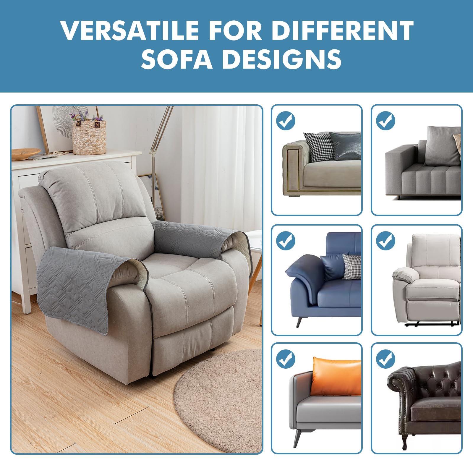Genina 100% wasserdichte Couch-Armlehnenbezüge für Sofa, Couch, Sessel, rutschfeste Sofa-Armlehnen-Schonbezüge für Haustiere, Hunde, 1 Stück (Hellgrau)