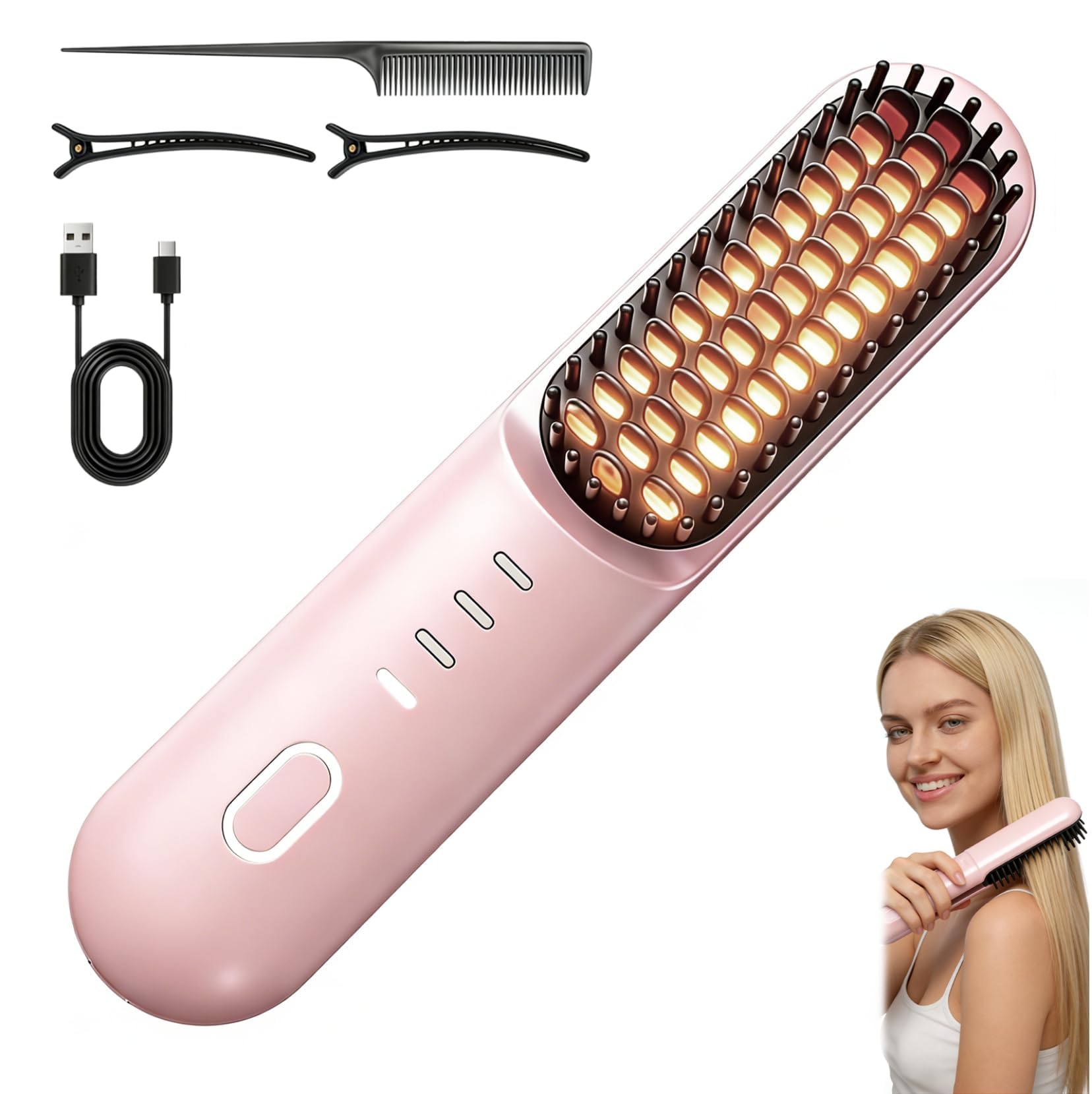 Photo 1 of Go Brush Pro for Short Hair - 2026 Upgraded Cordless hair Straightening Brush, 4 Temperature Settings, Fast Heat, MCH Ceramic Care, 4000mAh Rechargeable Straightener for Frizz-Free Styling (pink)