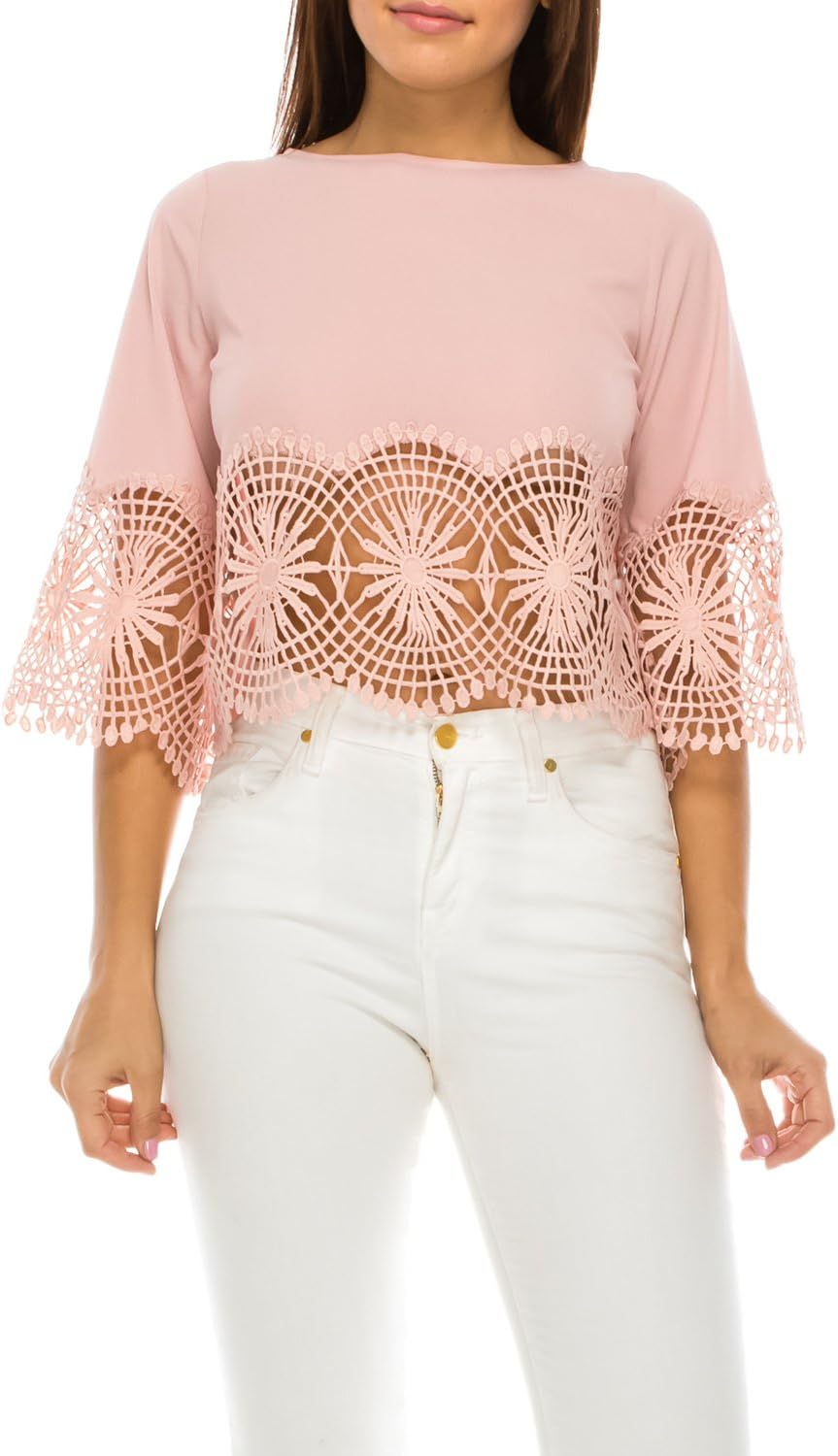 Women Casual 3/4 Flare Sleeve Boat Neck Crochet Lace Loose Crop Top Summer Blouse (Small, Dusty Pink)