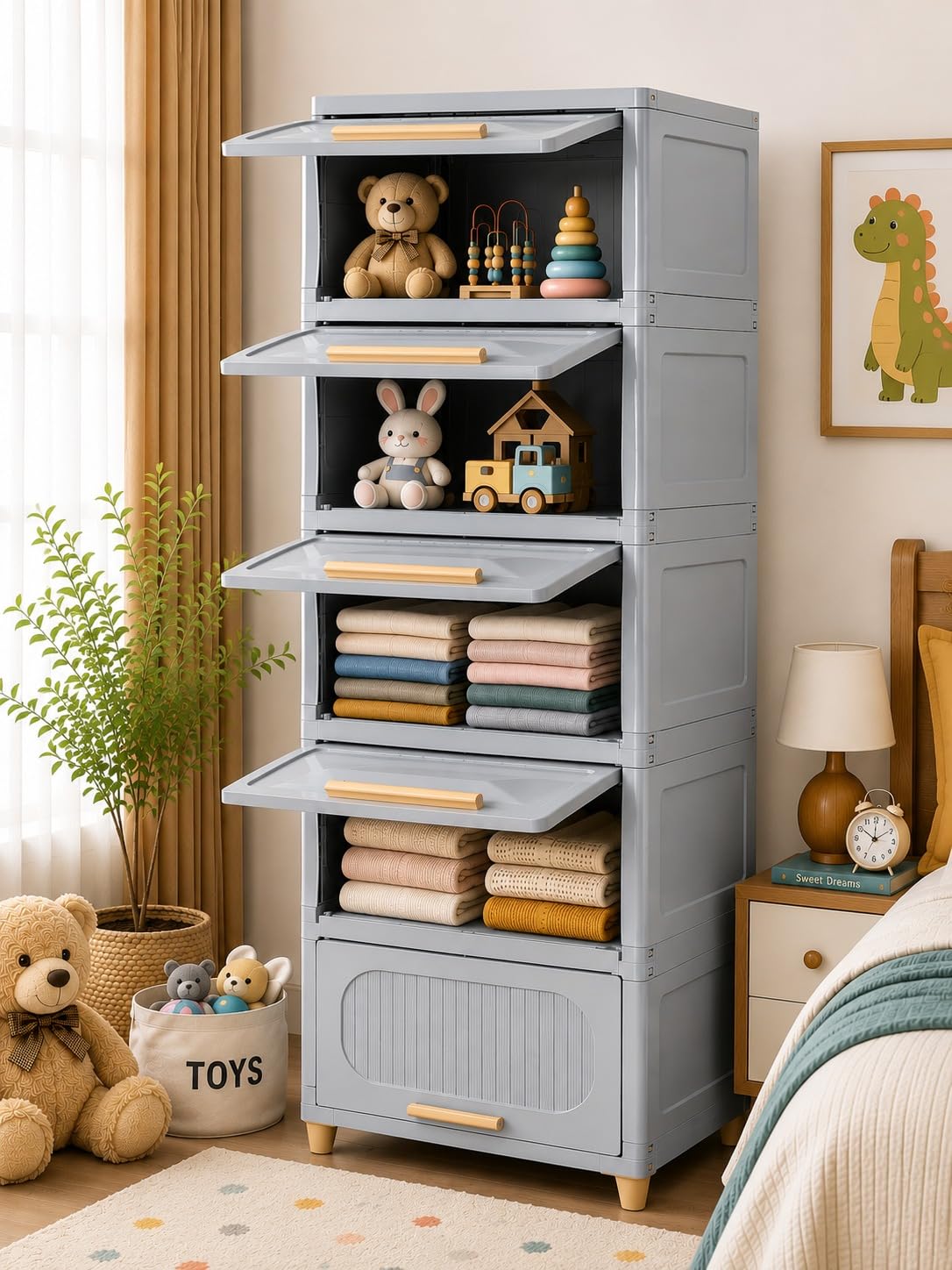 EXVITO 6+2 Door Kids Plastic Wardrobe for Clothes, Foldable Plastic Almirah, Collapsible Wardrobe for Storage, Baby Cupboard for Clothes, Storage Rack for Kids - (Grey, 6 Pack)