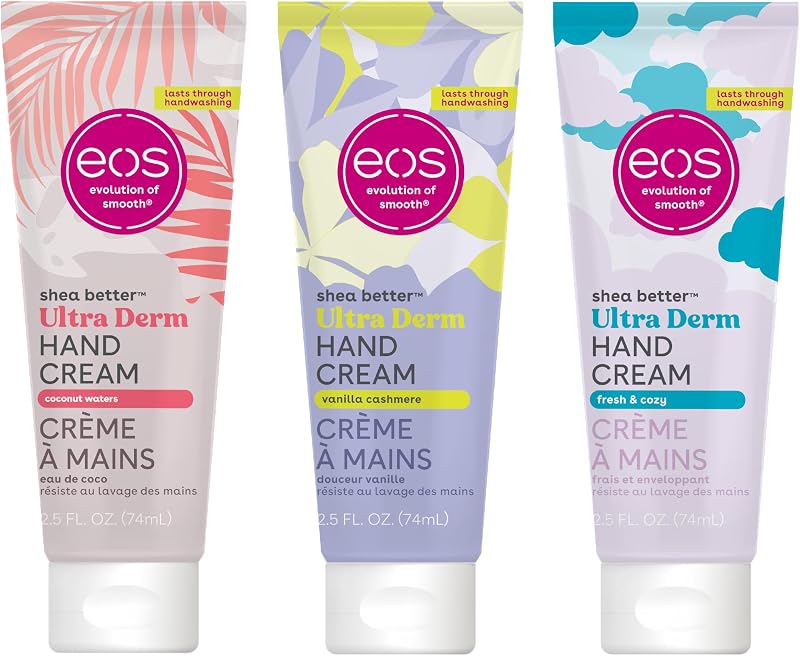 Bundle of eos Shea Better Hand Cream - Vanilla Cashmere + Fresh & Cozy + Coconut- Natural Shea Butter Hand Lotion and Skin Care, 24 Hour Hydration with Shea Butter & Oil, 2.5 oz, Packaging May Vary