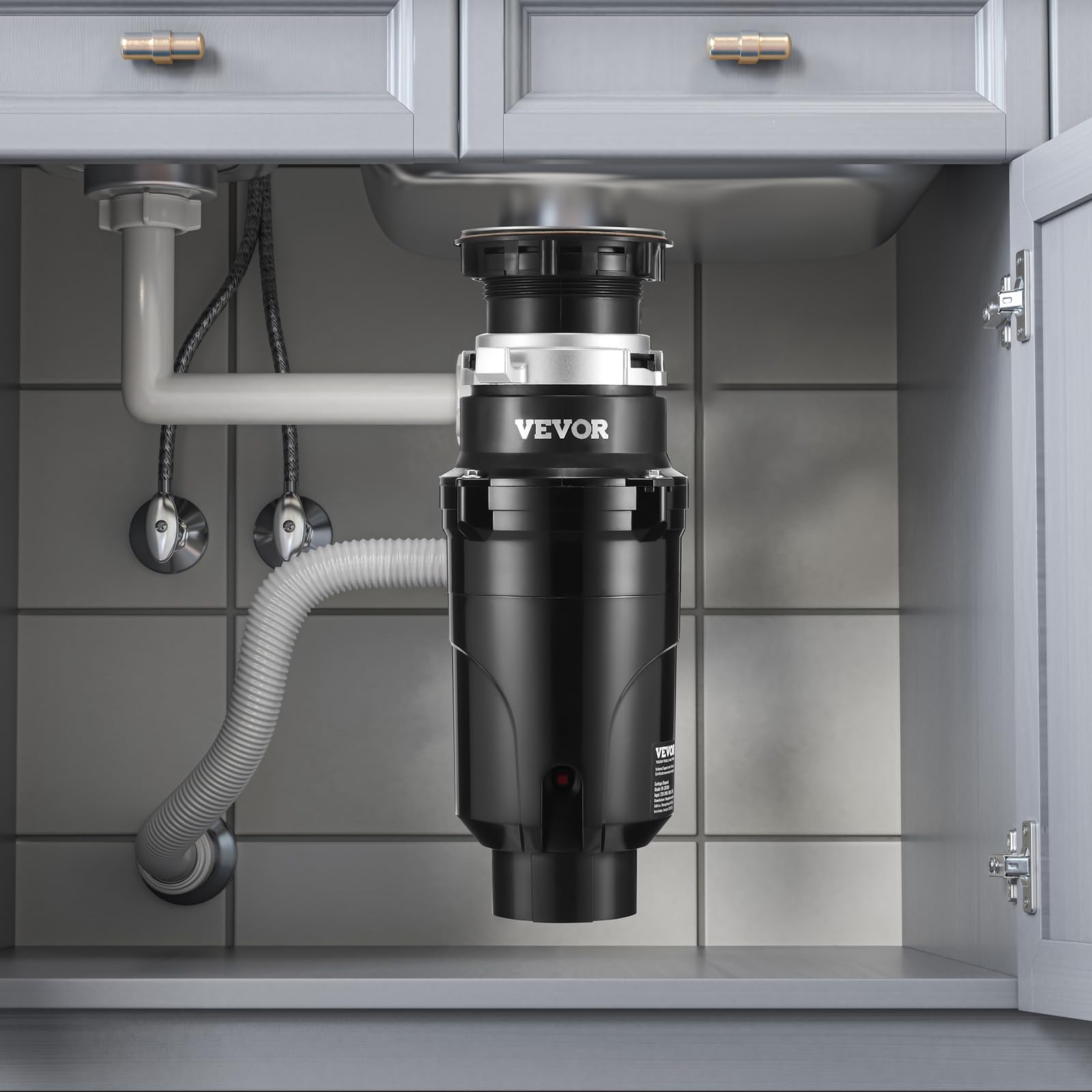 VEVOR Triturador de Basura para Fregadero de Cocina, 1/2 HP, Sistema de Eliminación de Residuos de Alimentos, 3820 RPM, con Cable de Alimentación, para el Hogar, Cocina, 150 x 150 x 335 mm, Negro