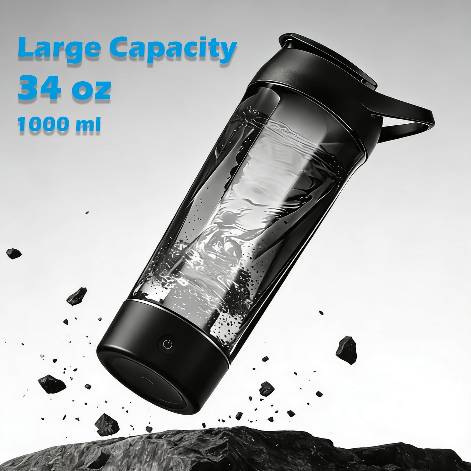 Whirlpower - Botella mezcladora eléctrica, 34 onzas para mezclas de proteínas, sin BPA, vaso mezclador portátil, vasos recargables y batidos de reemplazo de comidas (negro)