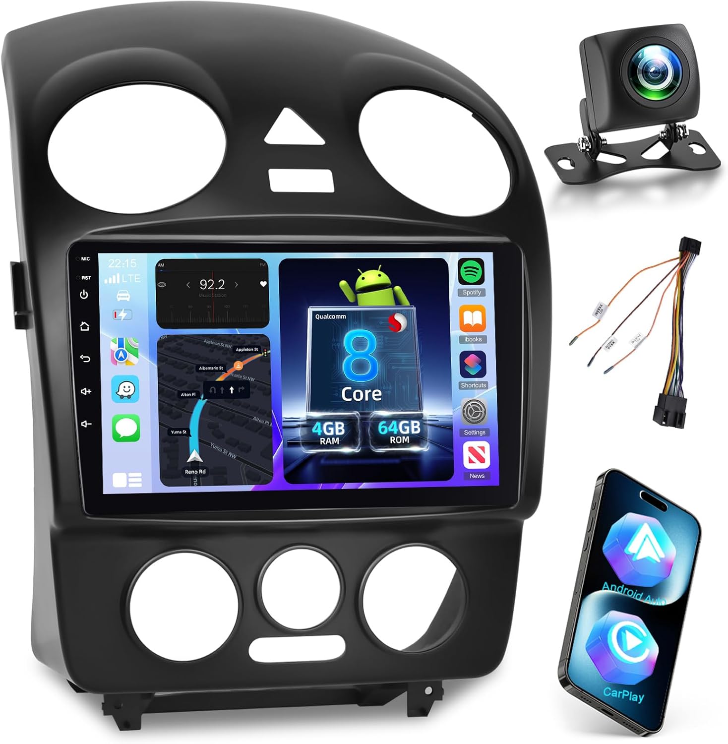 Qualcomm 8 Core Car Stereo for VW Volkswagen Beetle 2004-2010, 4G+64G Volxcereo Wireless Carplay Android Auto Car Radio, 9 inch Touch Screen with Bluetooth GPS Navigation WiFi FM/RDS