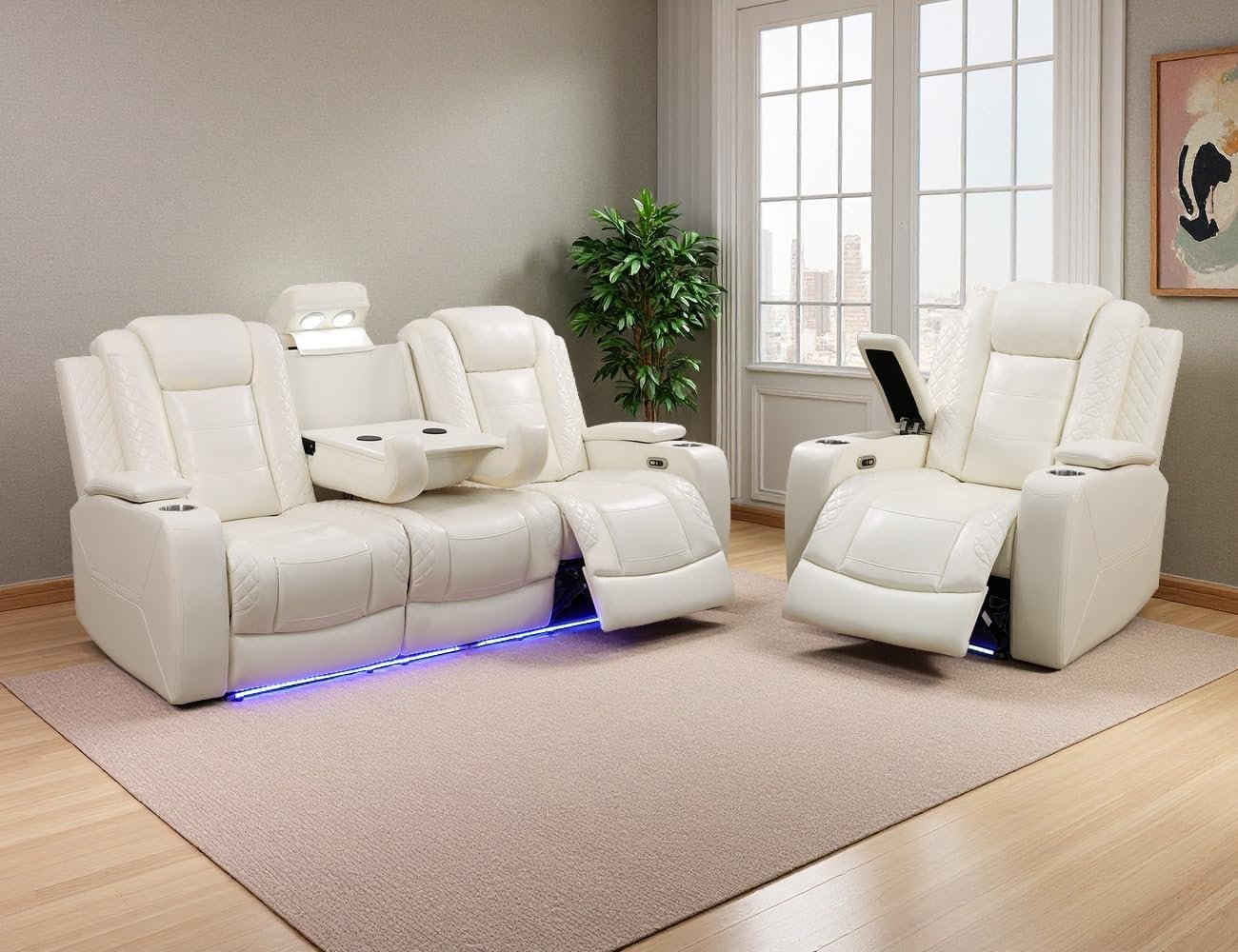 Leather Power Recliner Sofa Set with LED, Living Room Furniture Sets, 2 PCS Reclining Couches, Recliner Sofa and Chair Set with Arm Storage/Cup Holders/Charging Ports for Home Theater (Cream)