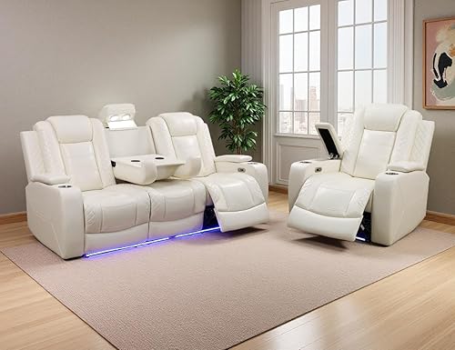 Juego de sofá reclinable eléctrico de cuero con LED, juegos de muebles de sala de estar, 2 sofás reclinables, juego de sofá reclinable y silla con