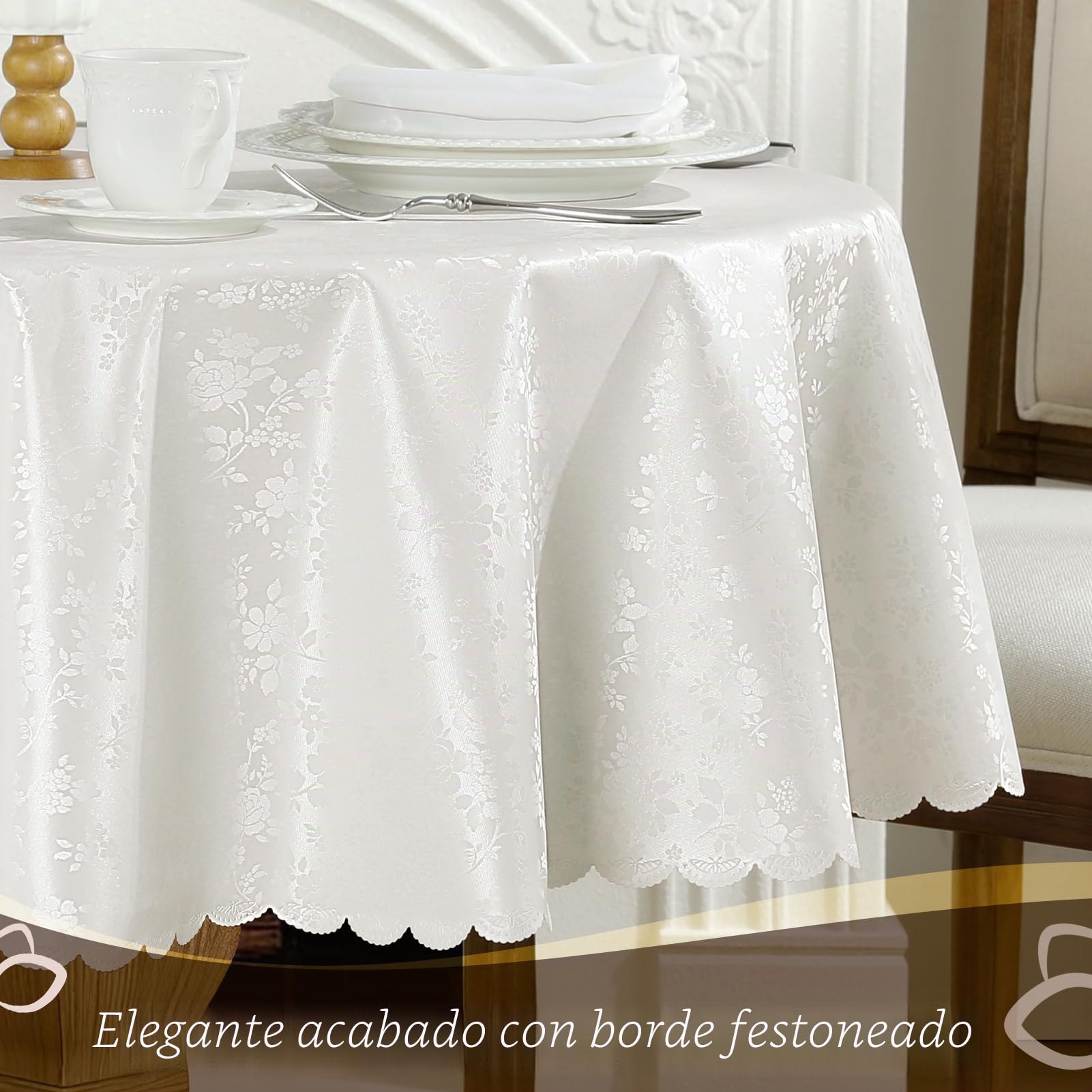 Romanstile mantel redondo grande de hule PVC blanco con flores, antimanchas, impermeable, resistente y fácil de limpiar, 160 cm, apto para mesa redonda grande de comedor, jardín, uso exterior y Pascua