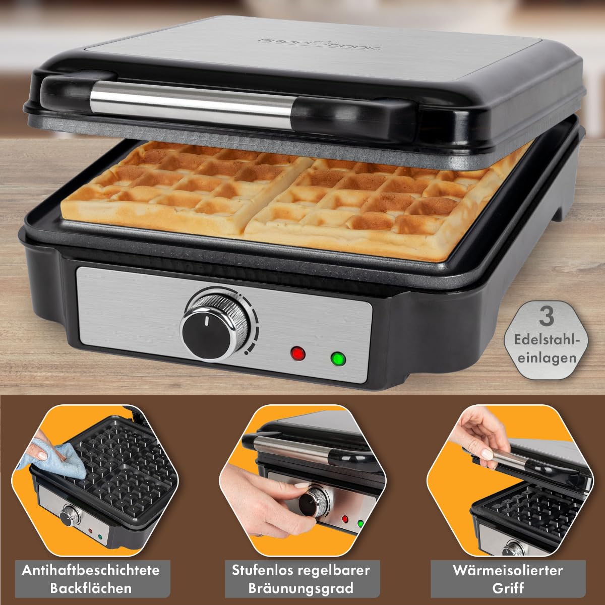 ProfiCook® PC-WA 1241 - Piastra per waffle belghe con 4 superfici di cottura, piastra per waffle belga, superficie di cottura antiaderente | grado di doratura regolabile | acciaio inox | 1200 Watt |