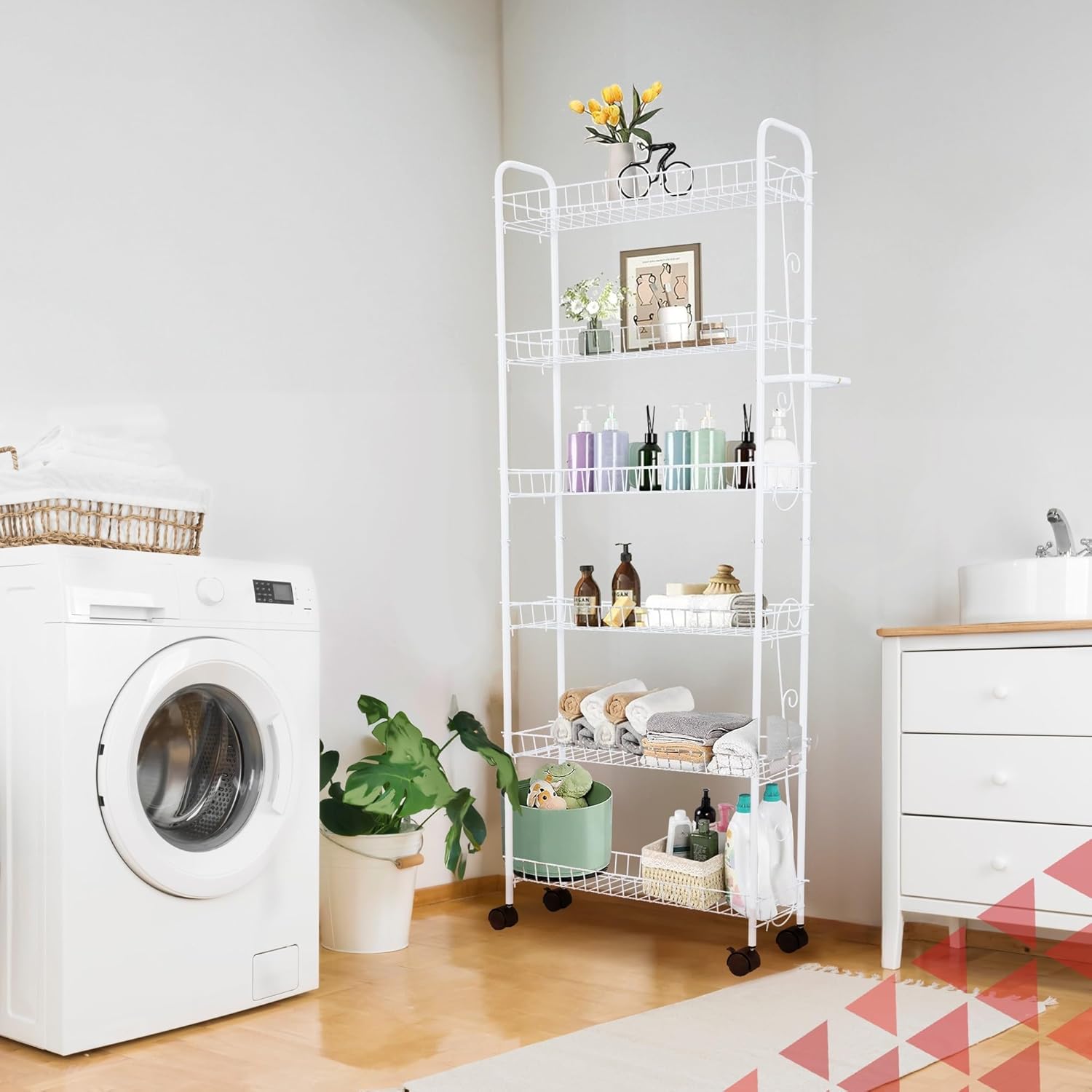 Slim Rolling Pantry Cart 6-Tier Shelf - Space-Saving Kitchen & Spice Rack on Wheels, 6" Deep, White Metal