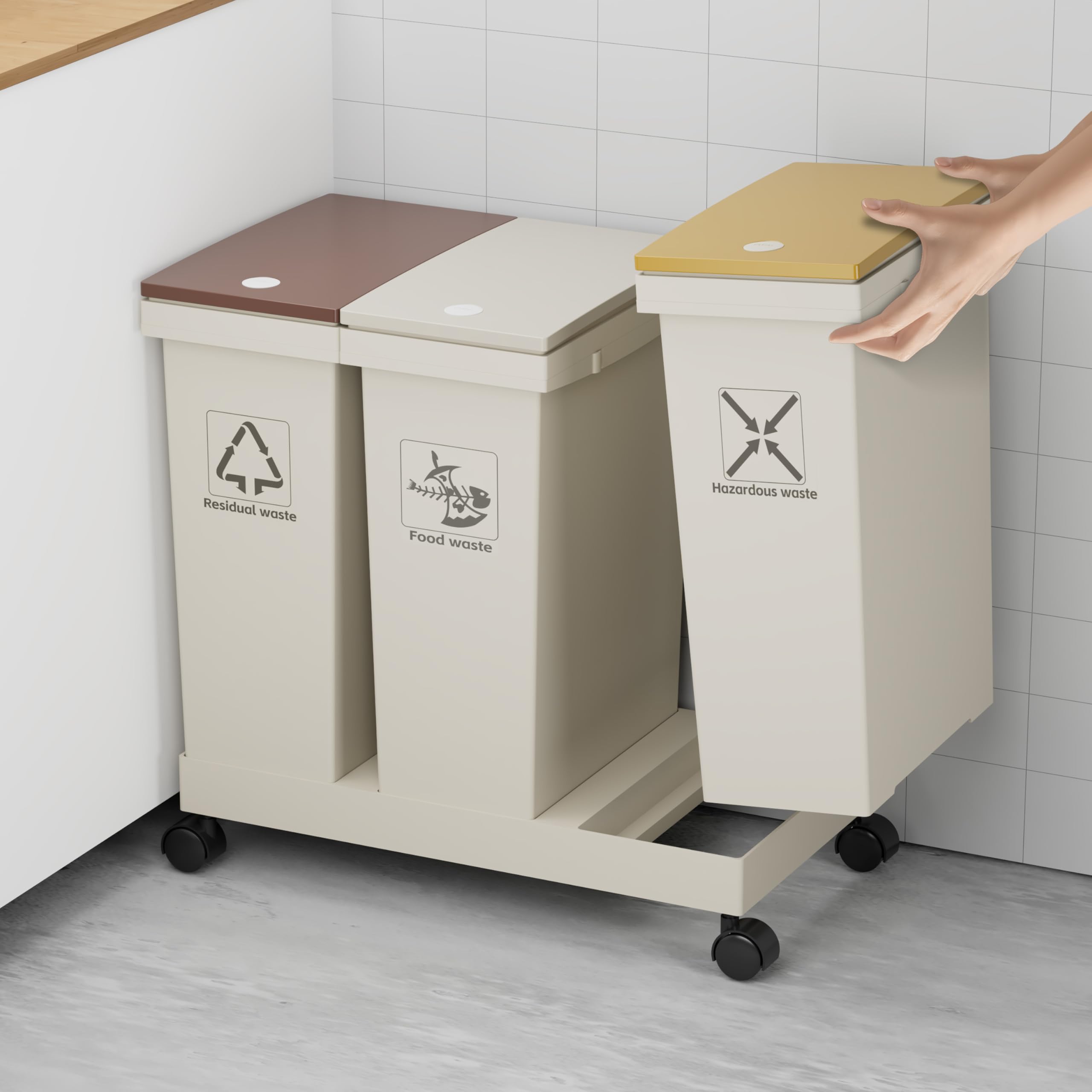 Set 3 Bidoni Differenziati, Pattumiere, 3 contenitori con coperchio, 3 x 20 l, contenitori per il riciclaggio rimovibili con ruote, sistema di raccolta differenziata (60-150)