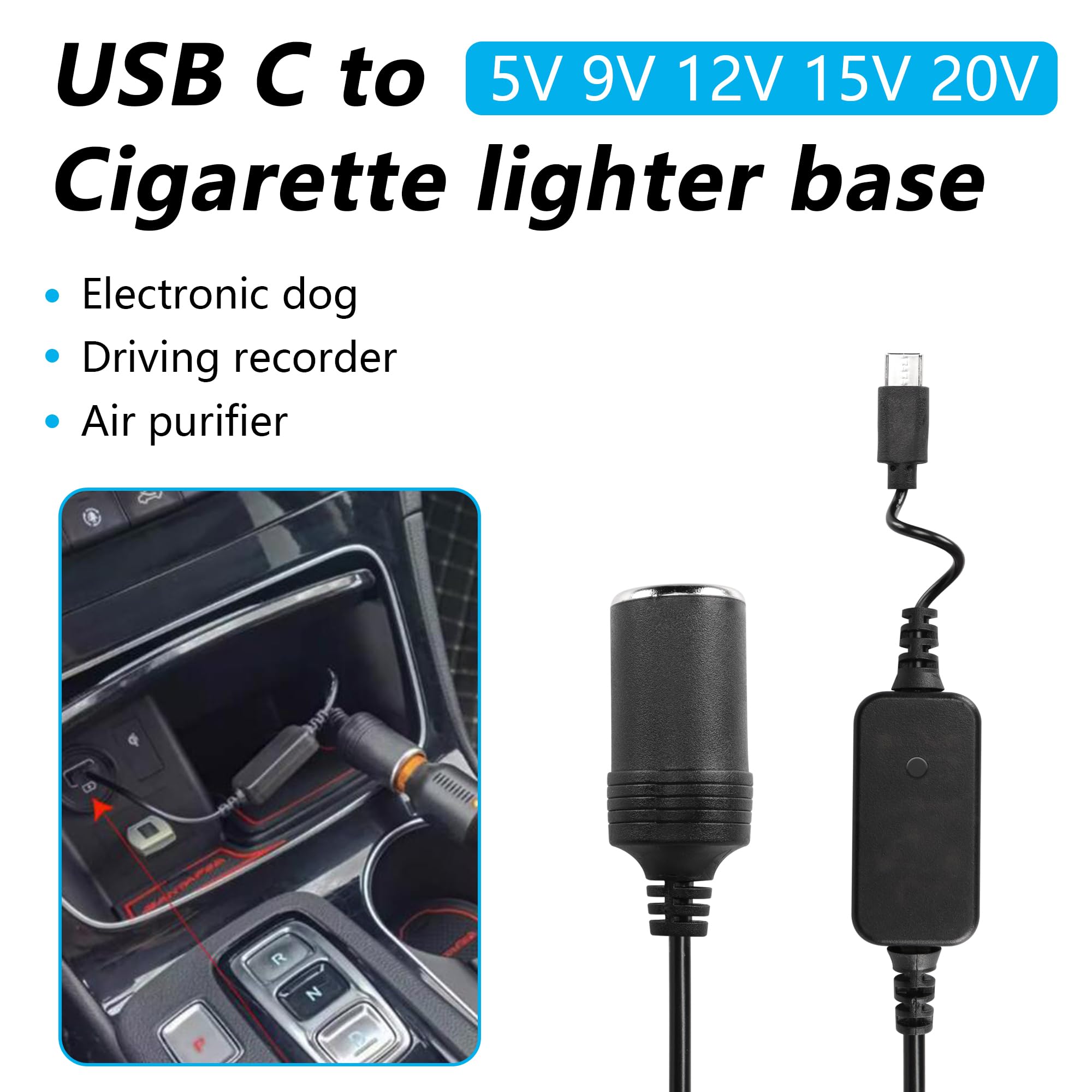 CERRXIAN Adapter USB C męski na zapalniczkę typu C na zapalniczkę do zapalniczki samochodowej wyjście regulowane napięcie 5V-9V-12V-15V-20V PD kabel do szybkiego ładowania maksymalna moc 60 W