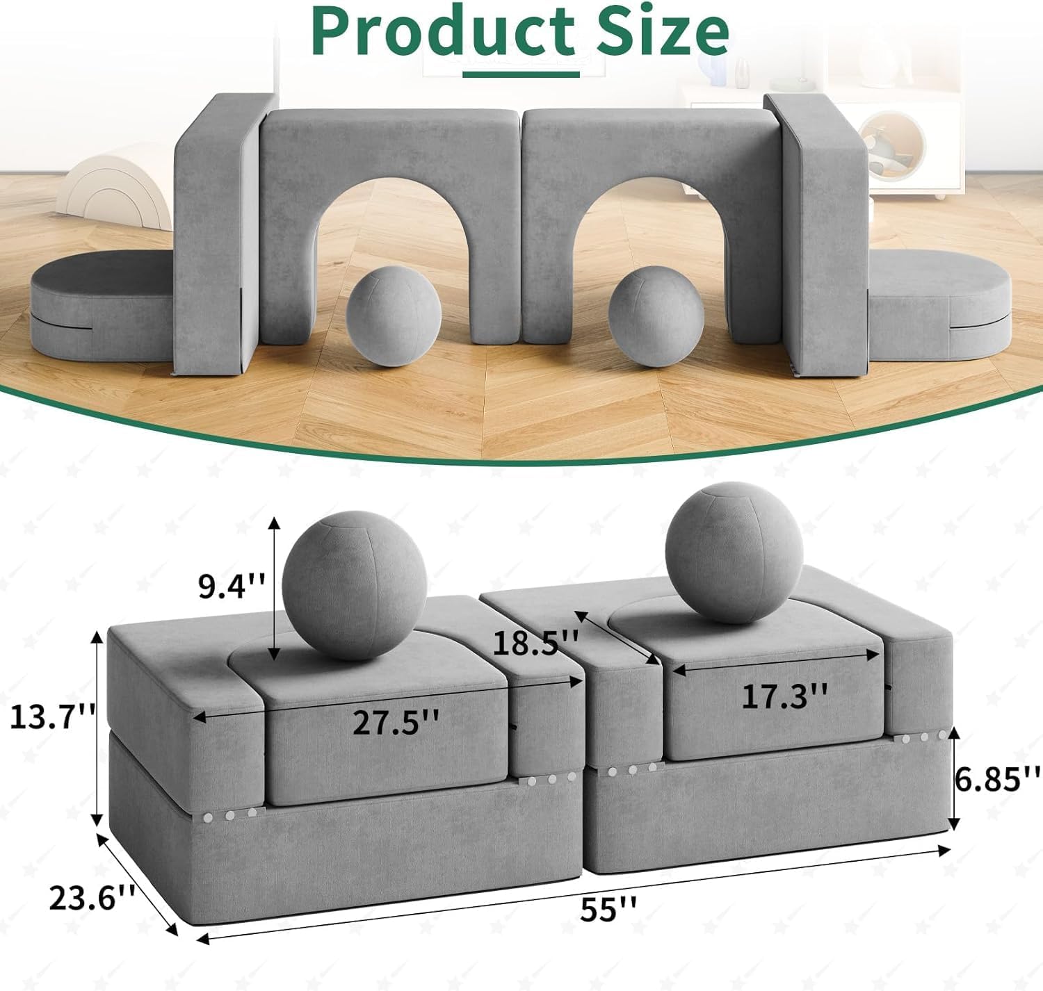 Pipleo 8 Pcs Modular Kids Play Couch, Fold Out Toddler Couch Building Fort with Balls for Playroom, Convertible Kids Floor Sofa and Foam Couches for Boys and Girls, 2000+ Creativity - Grey