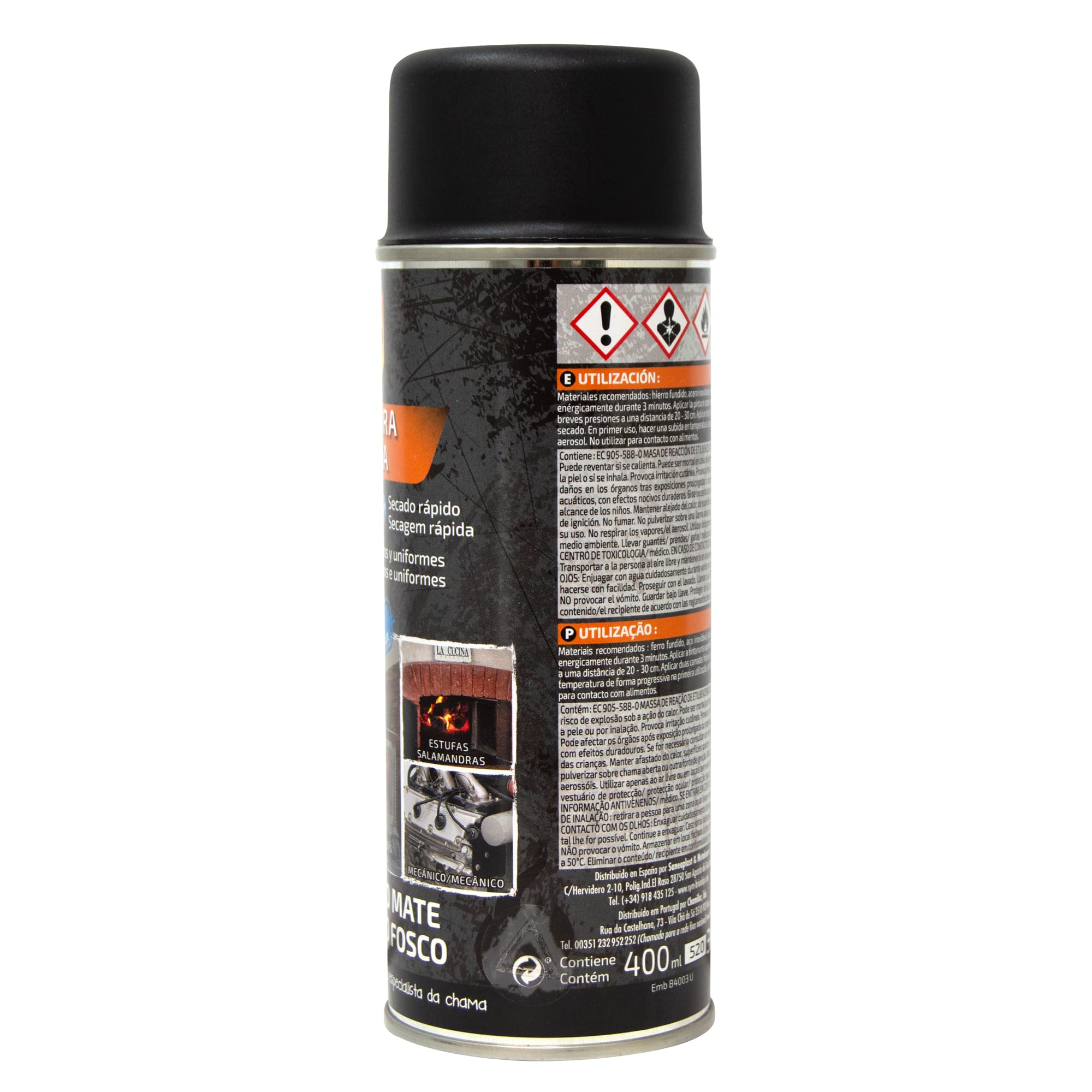 Pyro Feu - Peinture Haute Température Noire Mat - Résiste Jusqu’à 900°C - Rénovation Poêle, Insert, Plaques, Chenets, Barbecues, Fours, Pièces Mécaniques - 400ml (Lot de 2)