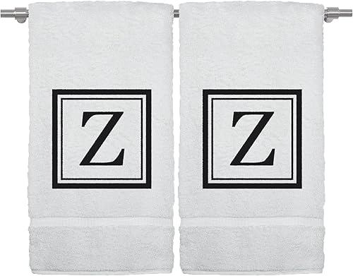 Miniatura 36 de Monogrammed Hand Towel, 16 x 30 Inches Set of 2, Personalized Gift- White Letter Embroidered with Square Design on Black Towel - Extra Absorbent